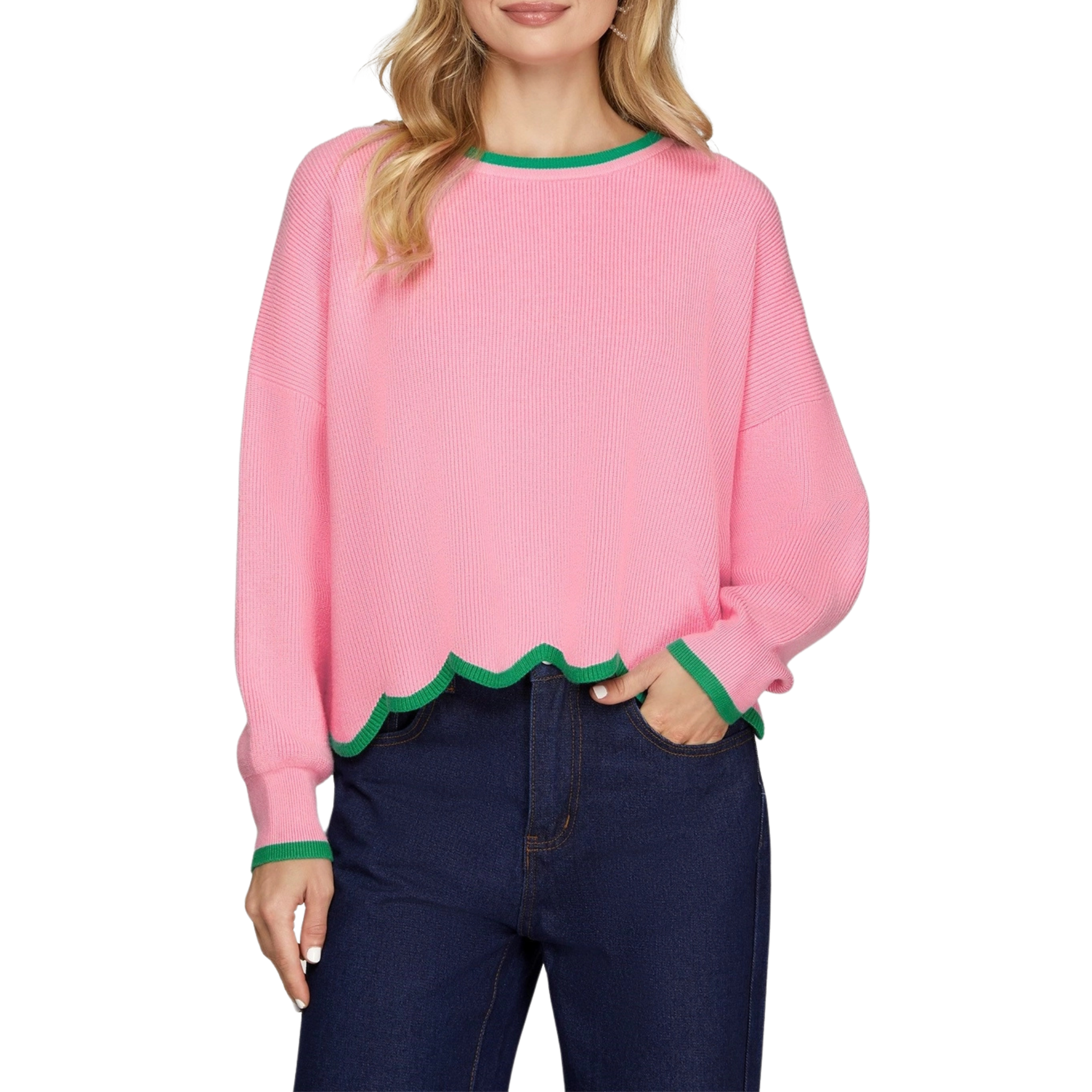 Scallop Hem Sweater Top | Pink & Green