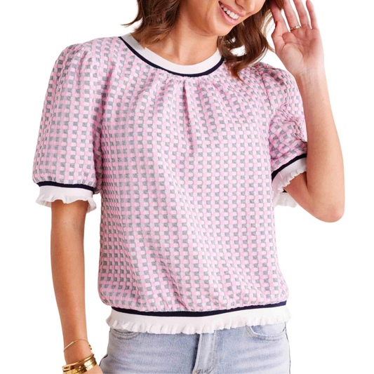 Pink Striped Band Detailed Gingham Knit Top