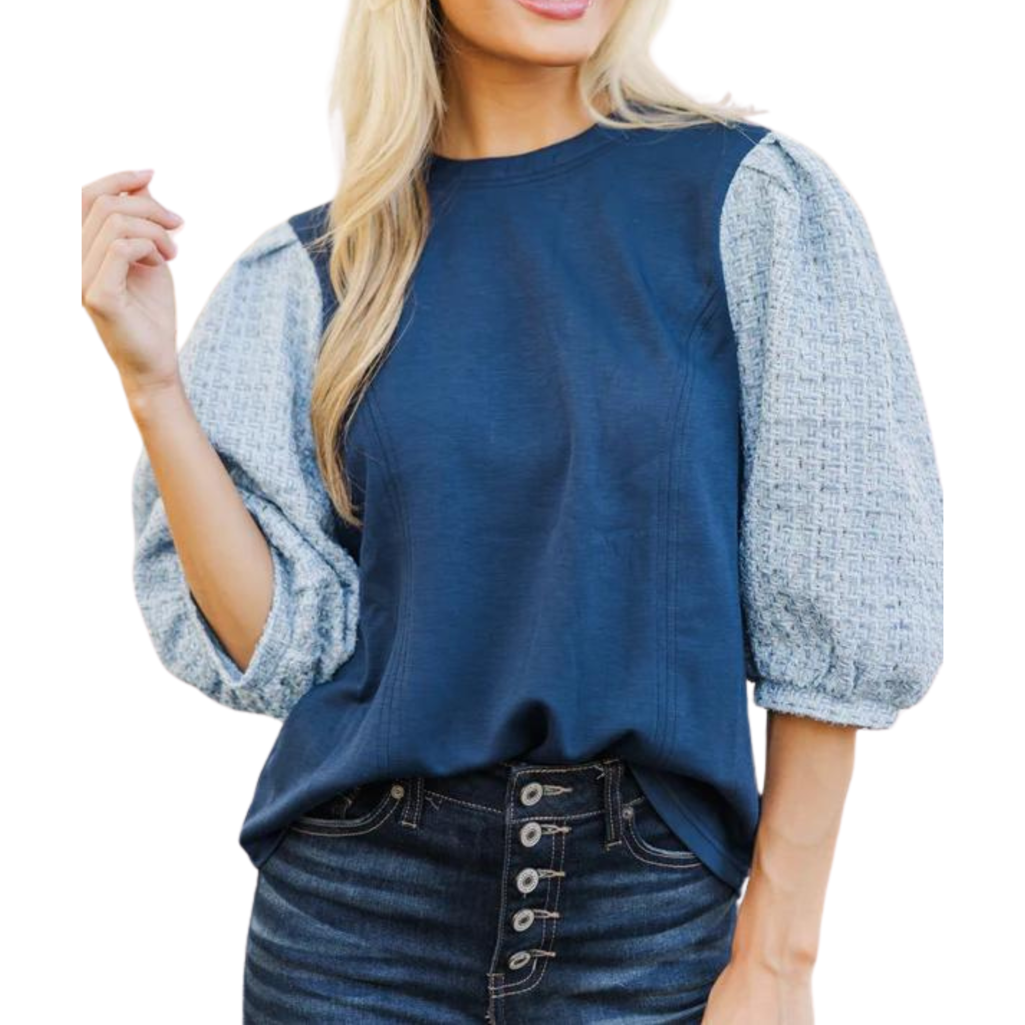 Tweed Puff Sleeved Knit Body Top | Navy