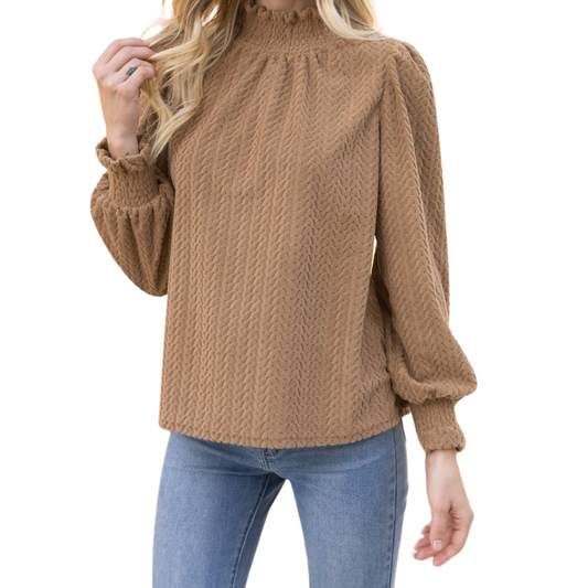 Smocked High Neck Long Sleeve Knit Top | Taupe