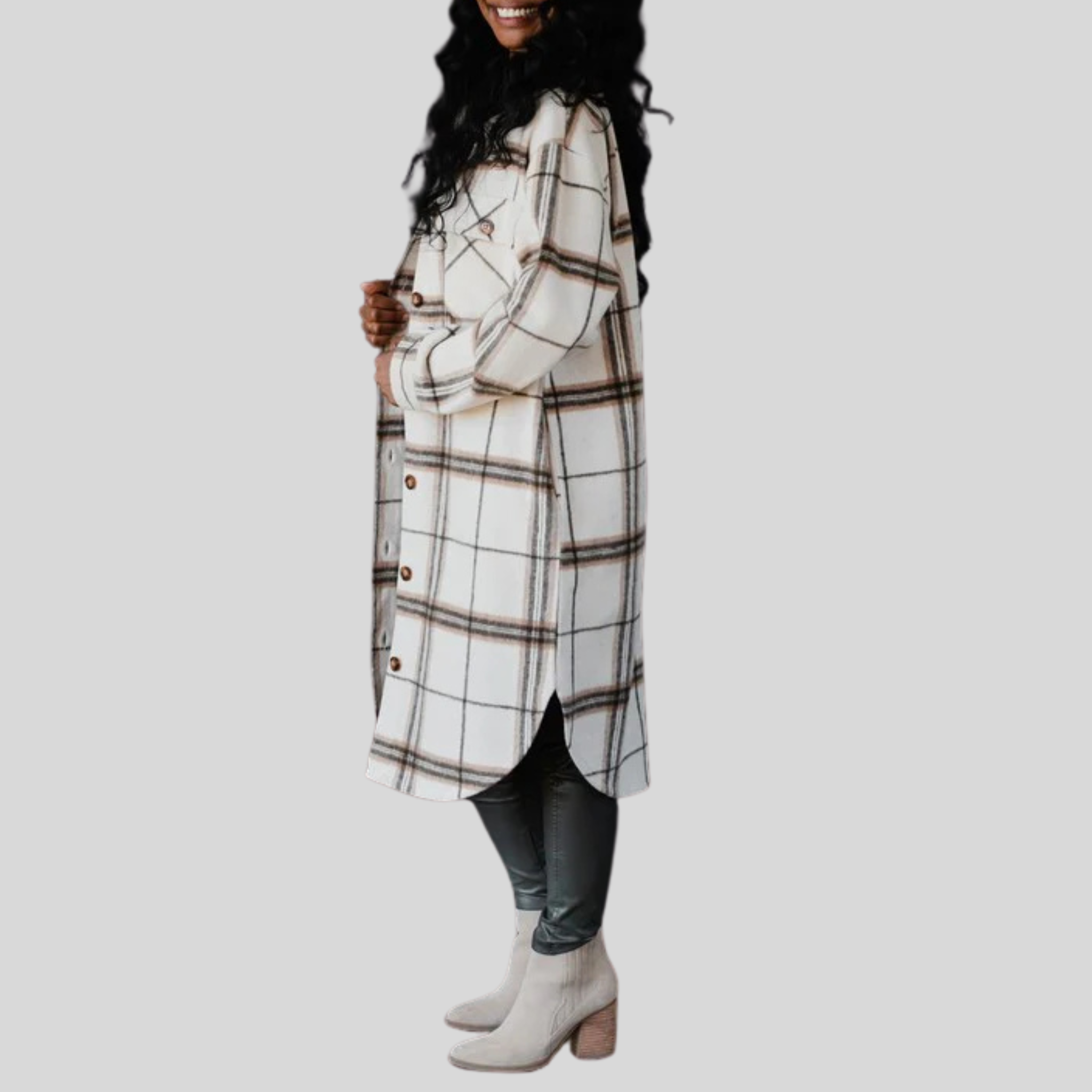 Long Plaid Flannel Shacket | Tan & Olive