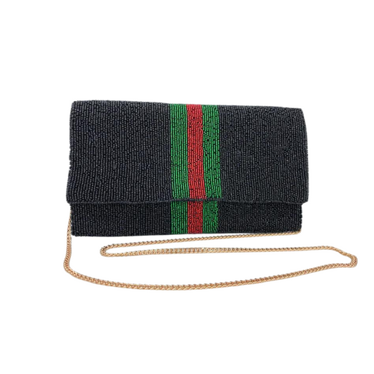 Green and Red Striped Beaded Clutch Crossbody