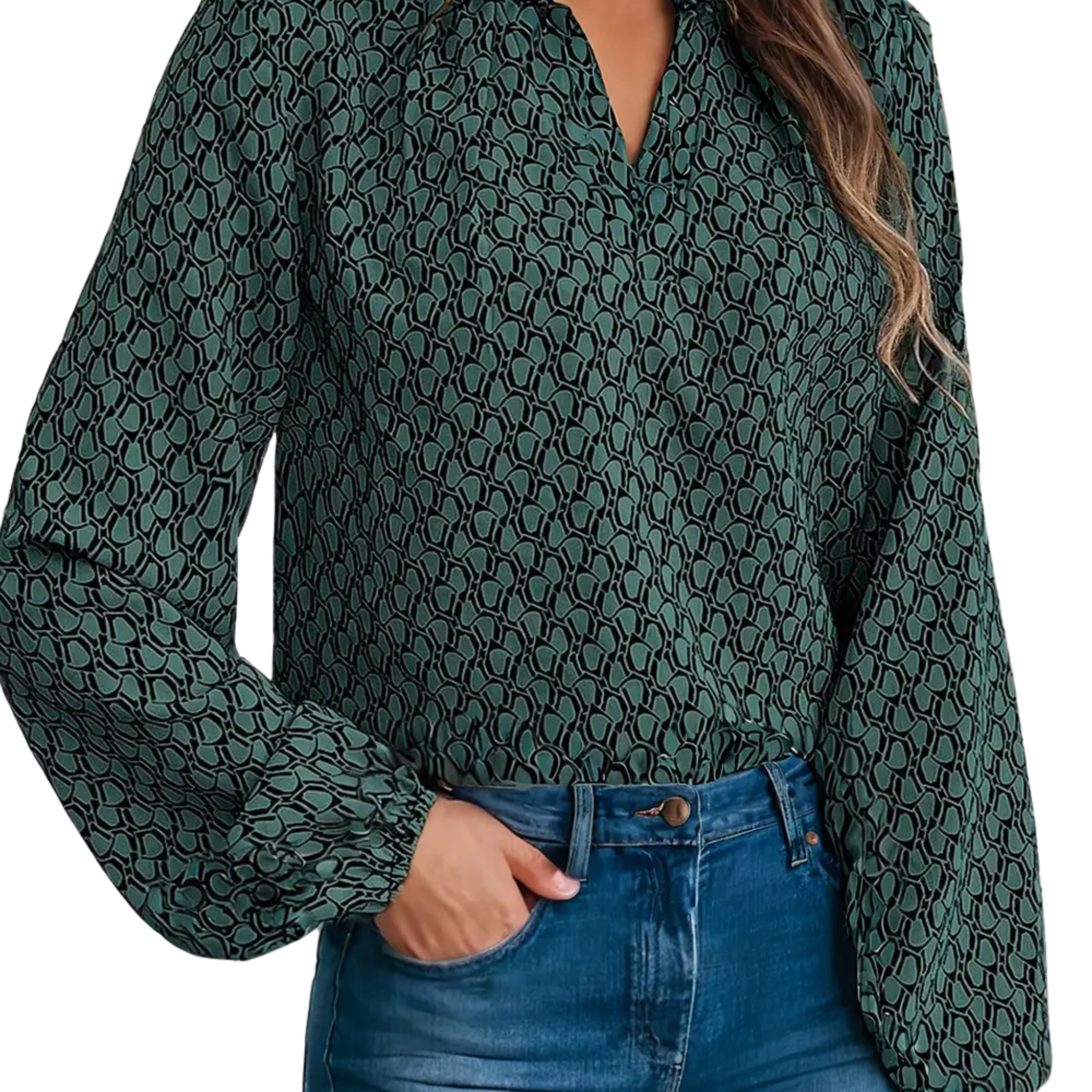 Geometric Print V-Neck Blouse