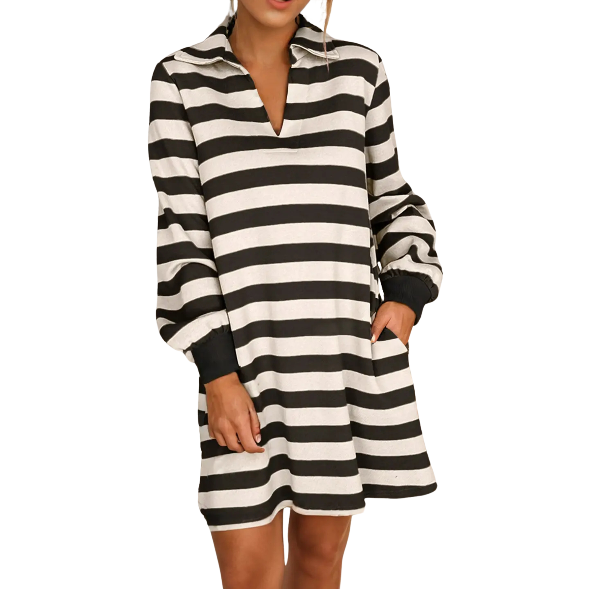 Stripe Pocketed V Neck Mini Dress | Black & White