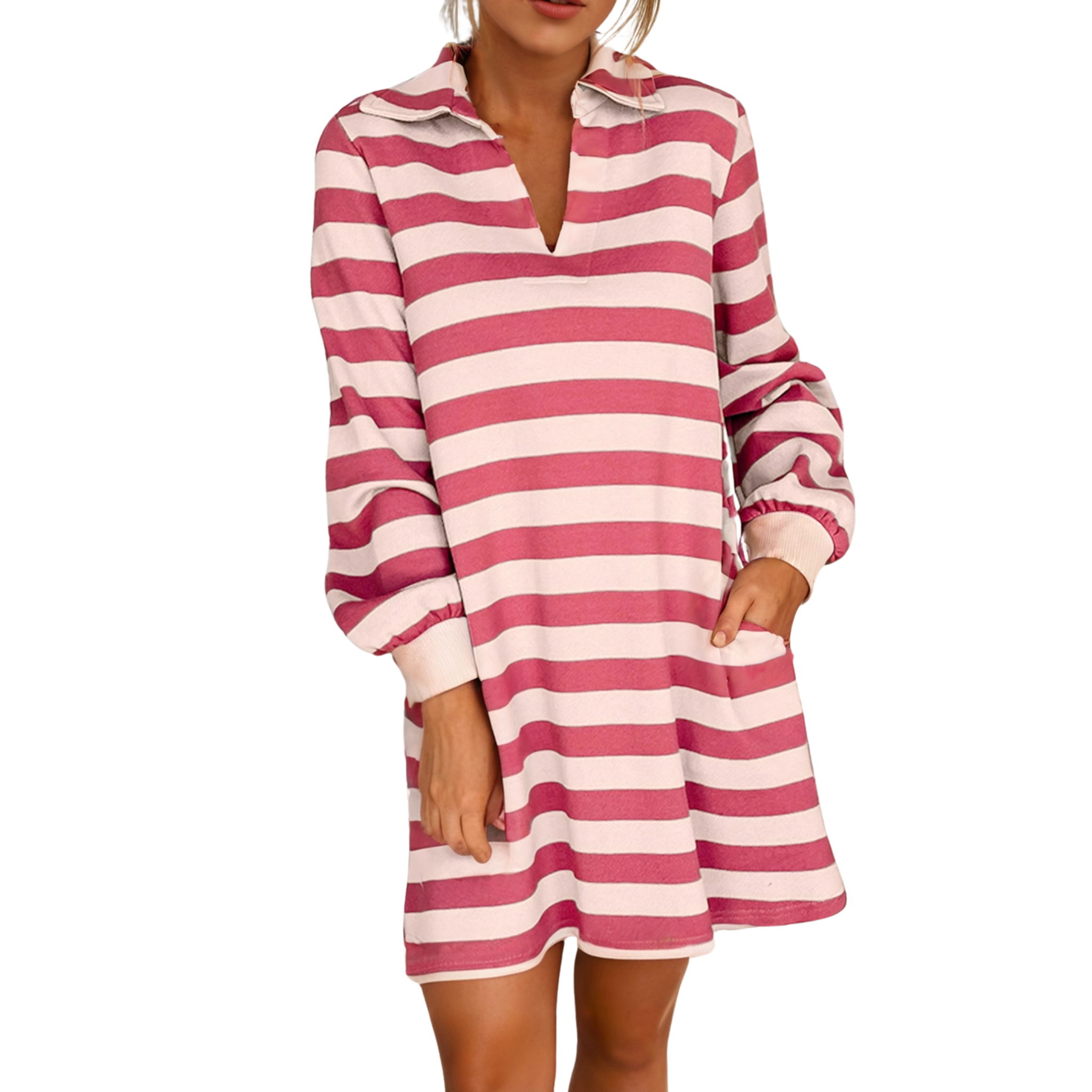 Striped Pocketed V-Neck Mini Dress | Pink