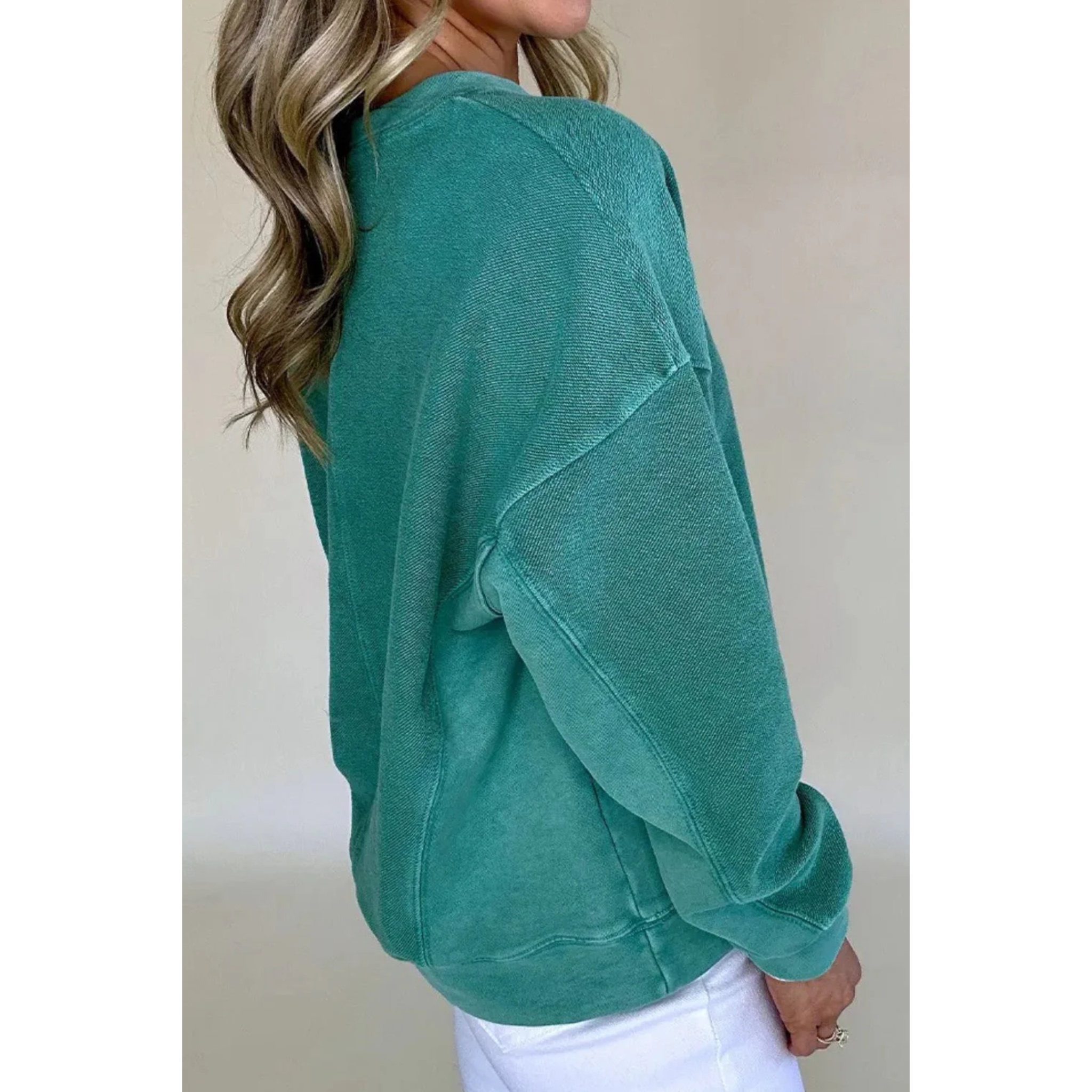 Solid V-Neck Drop Shoulder Sweatshirt | Deep Teal