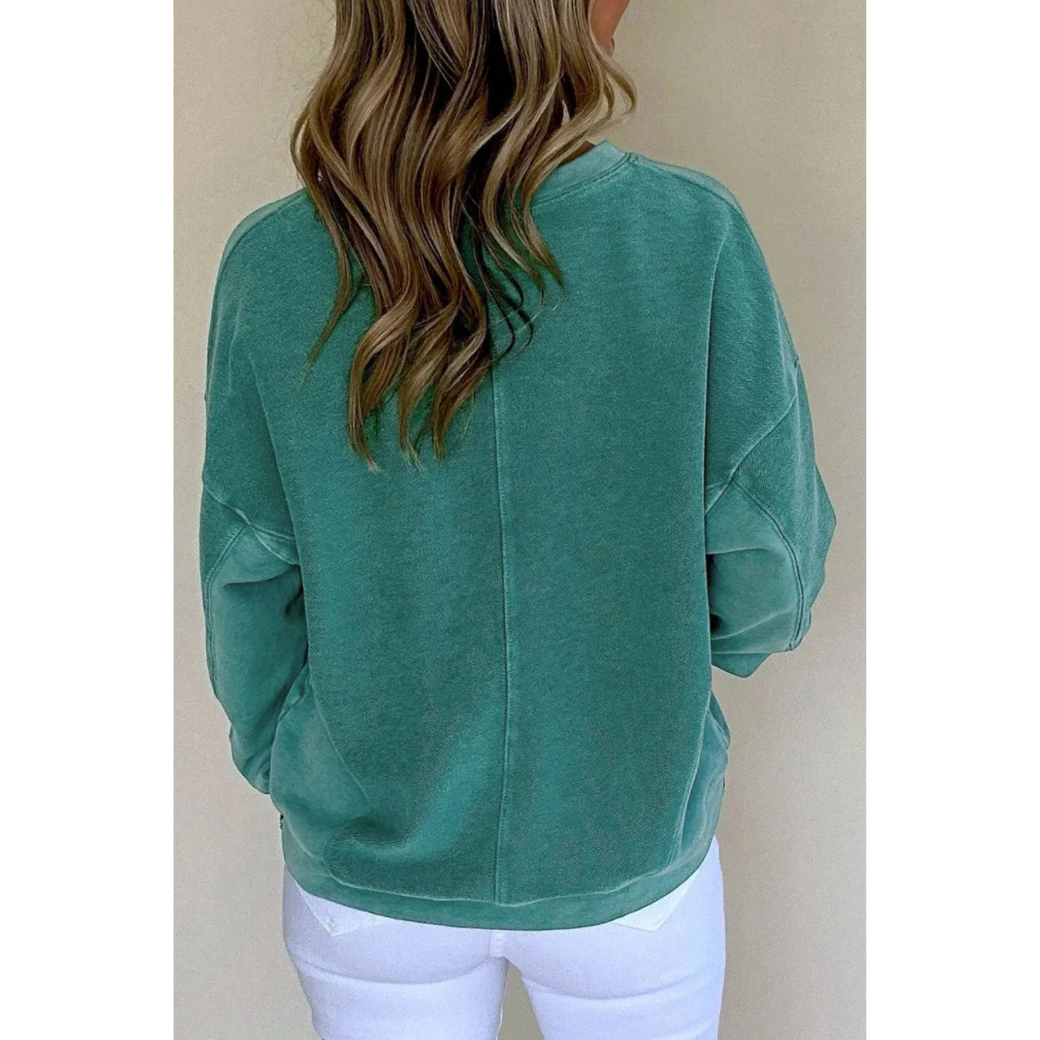 Solid V-Neck Drop Shoulder Sweatshirt | Deep Teal