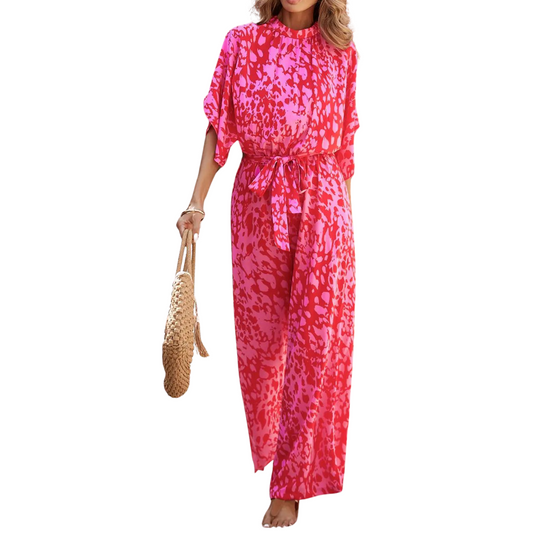 Leopard Loose Sleeve Belted Wide Leg Jumpsuit