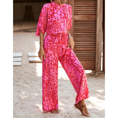 Leopard Loose Sleeve Belted Wide Leg Jumpsuit