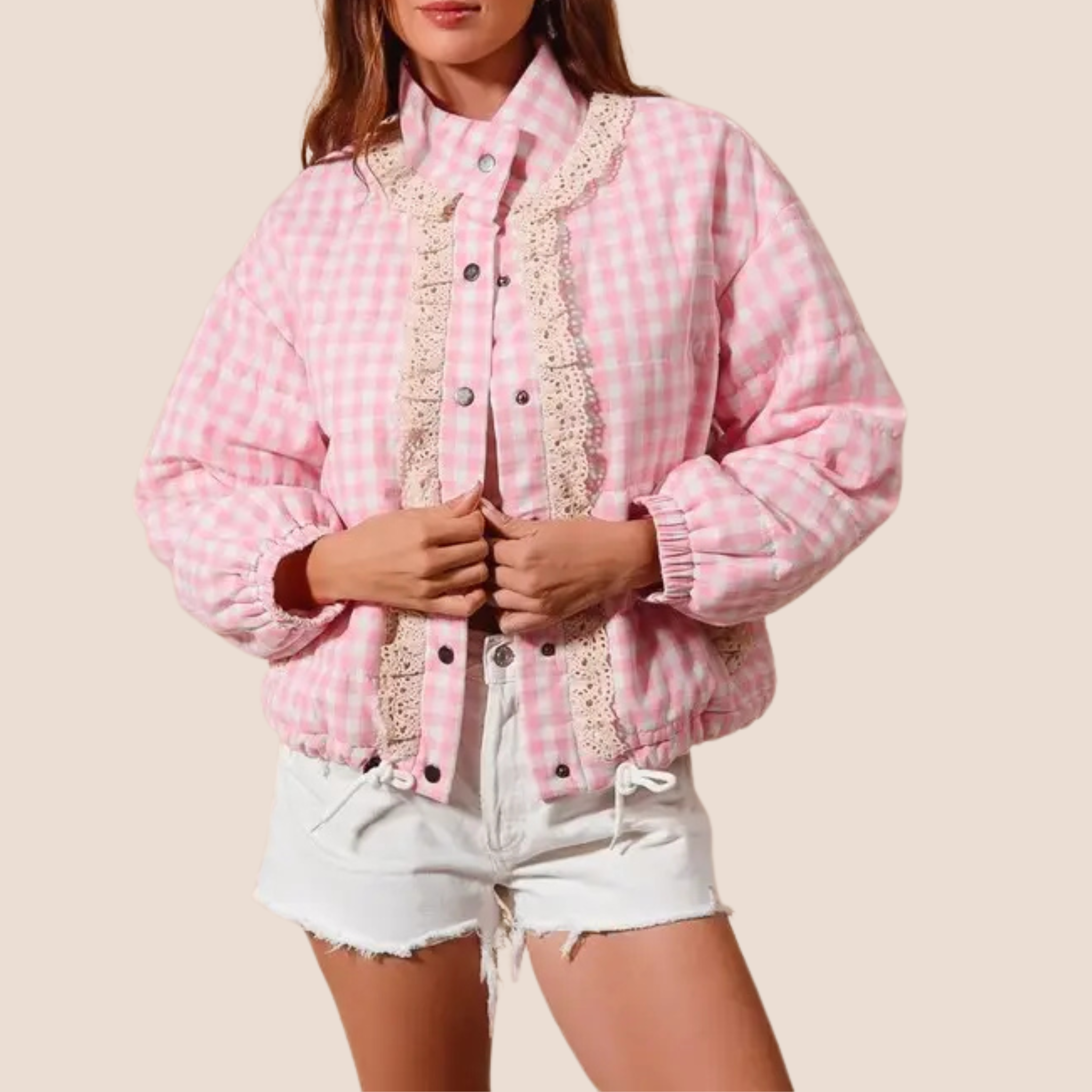 Button Up Gingham Puffy Jacket