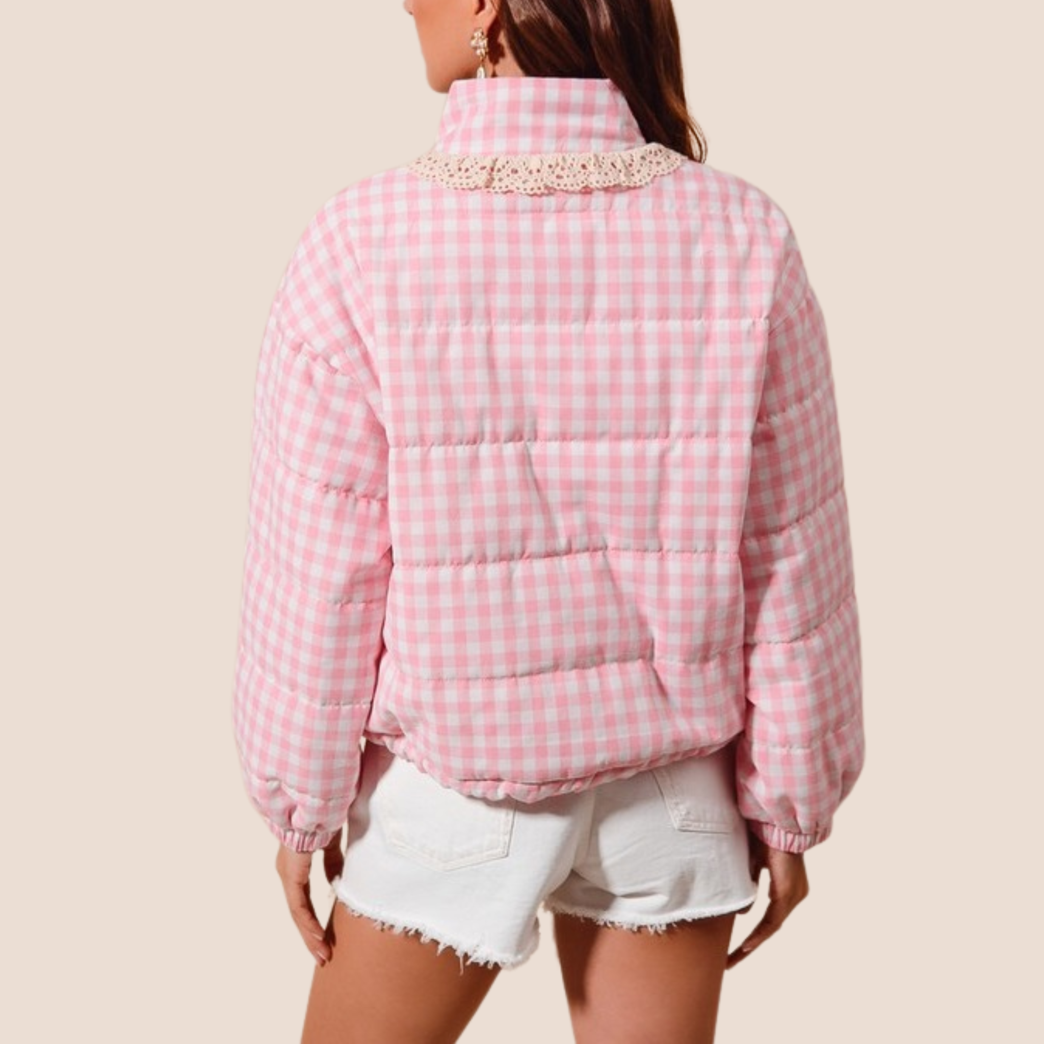 Button Up Gingham Puffy Jacket