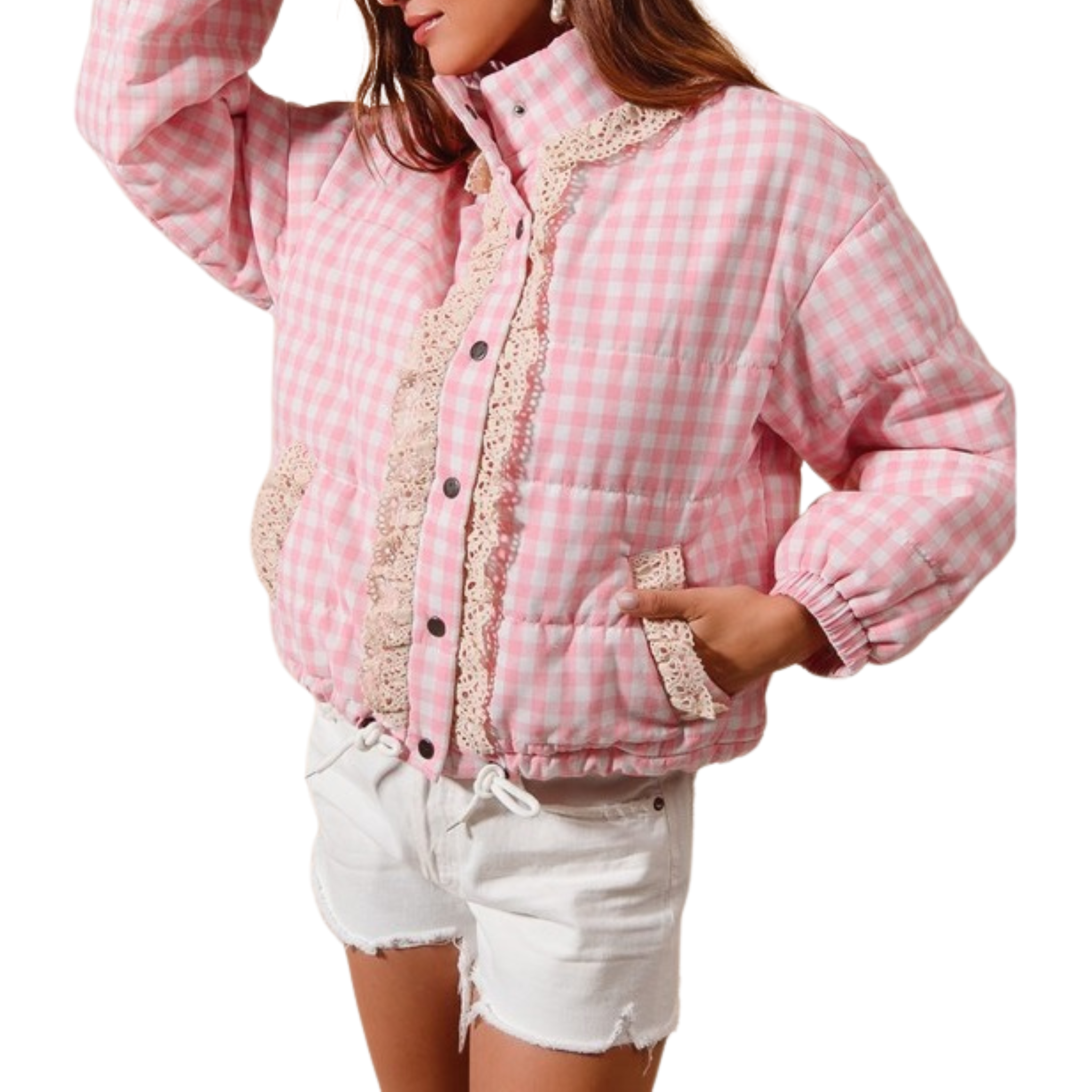 Button Up Gingham Puffy Jacket