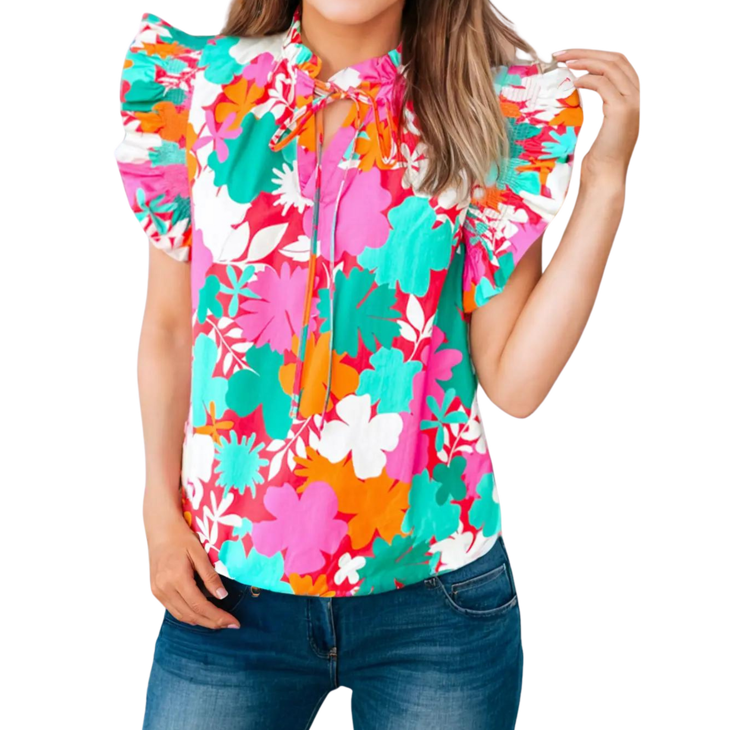 Floral Tie Split Neck Ruffle Trim Blouse