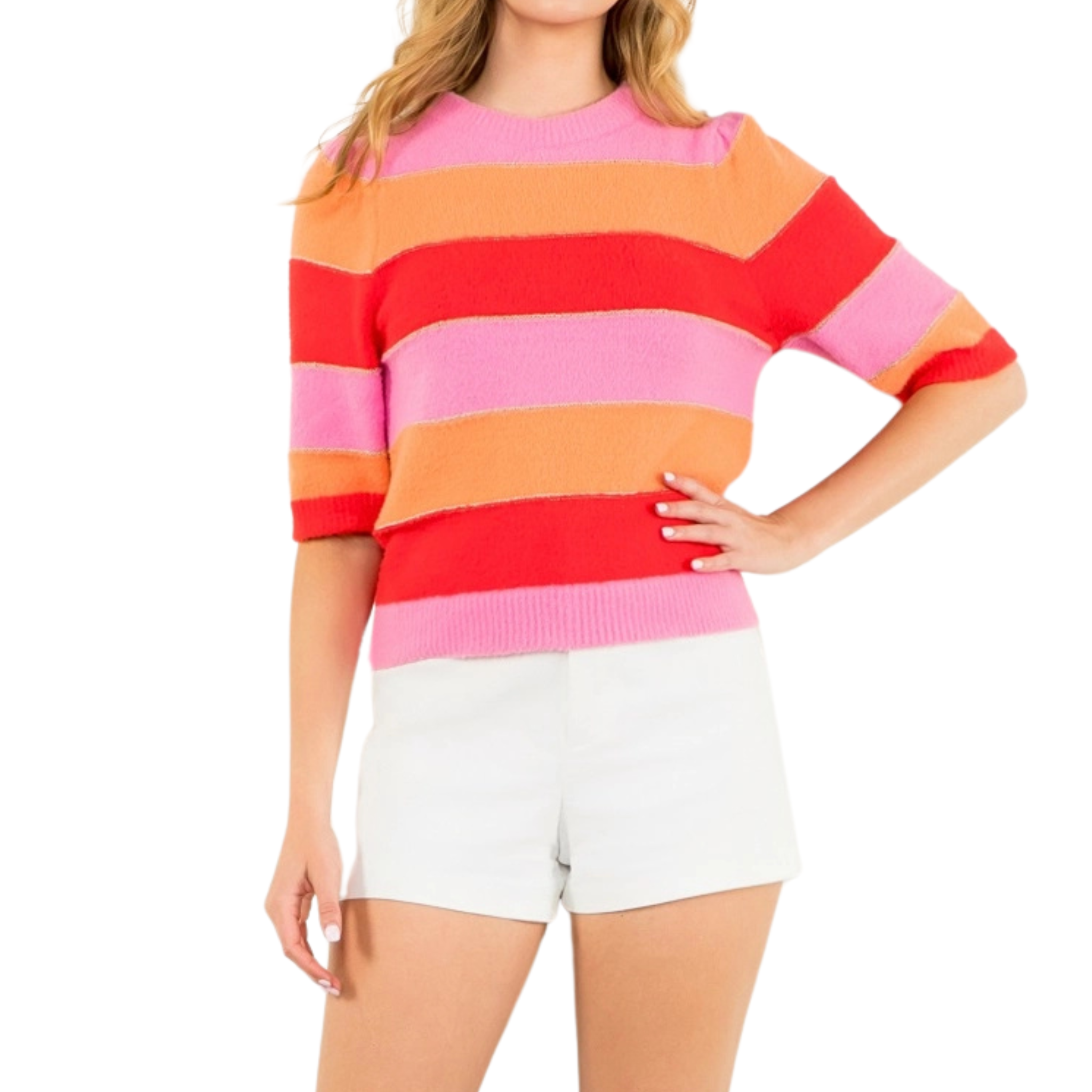 Colorblock Knit Short Sleeve Top | Pink