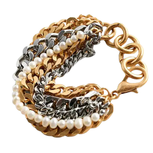 Chain Link "Maximized" Bracelet Mixed Metal Pearl