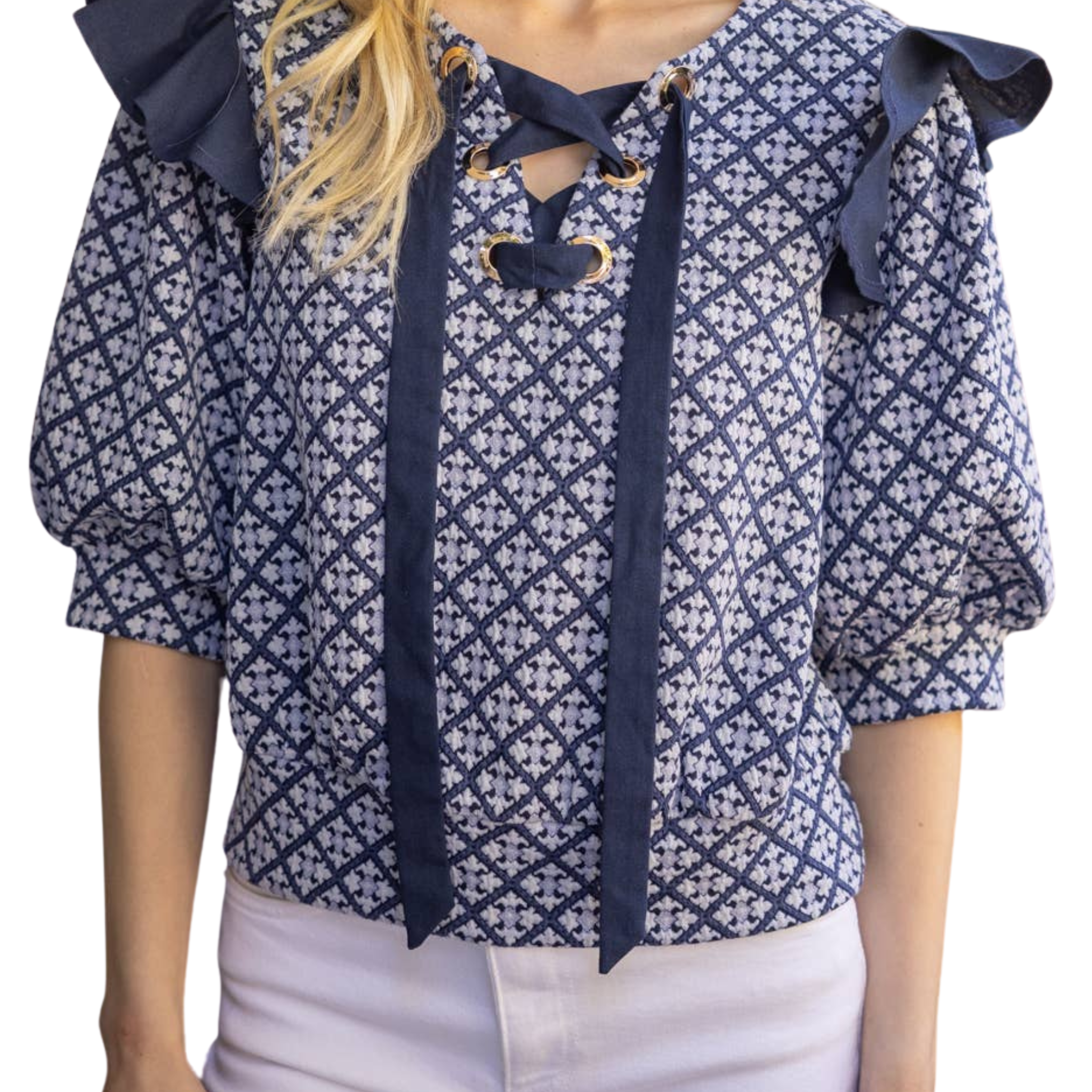 Navy Lace-Up Printed Knit Top