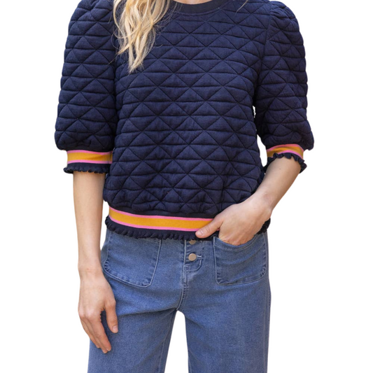 Navy Quilted Striped Band Knit Top