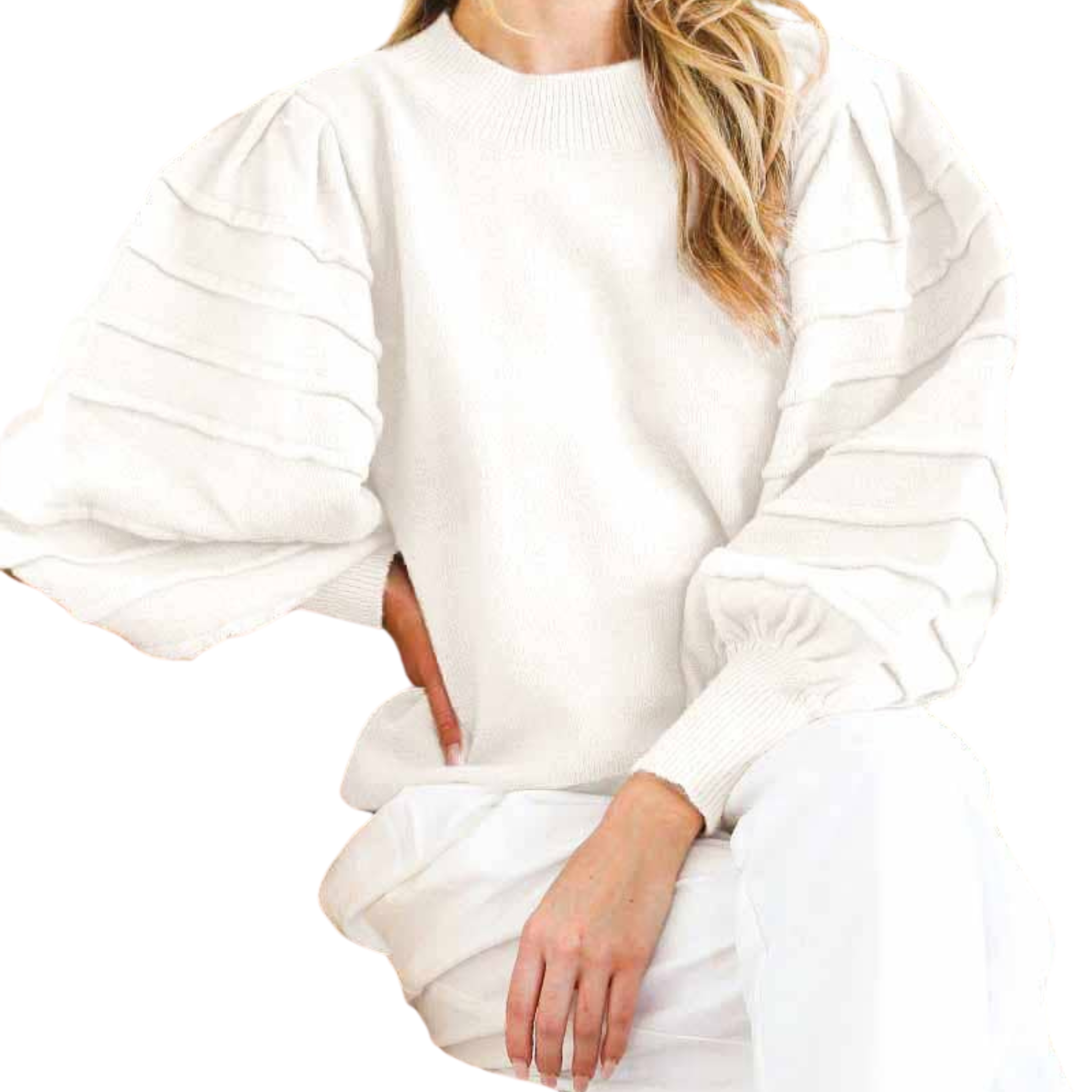 Crew Neck Textured Puff Sleeve Knitted Sweater Top | Ivory