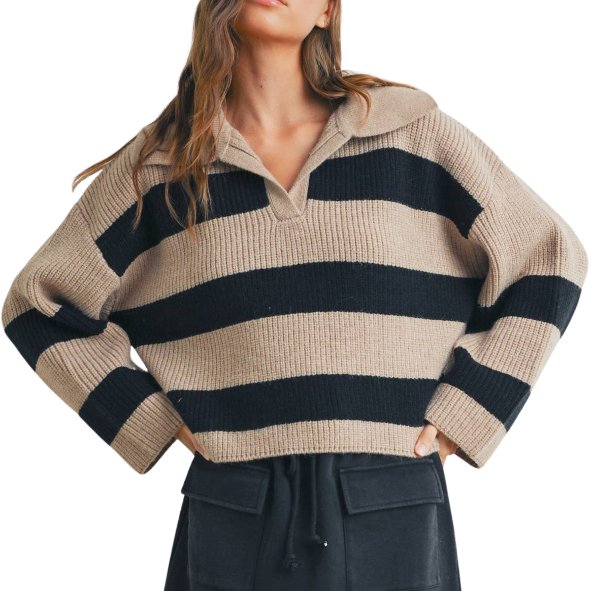 Striped Drop Shoulder Wide Collar Sweater | Taupe & Black