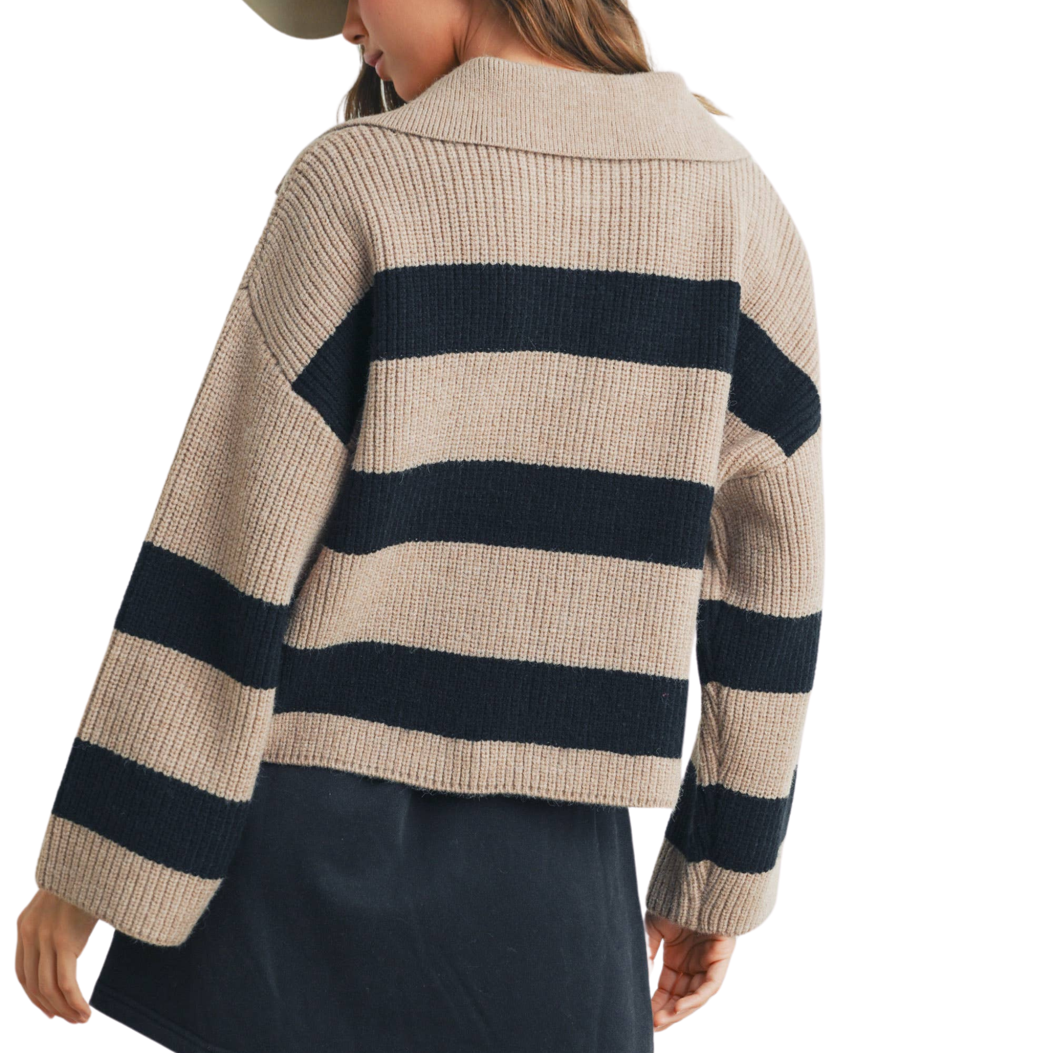 Striped Drop Shoulder Wide Collar Sweater | Taupe & Black