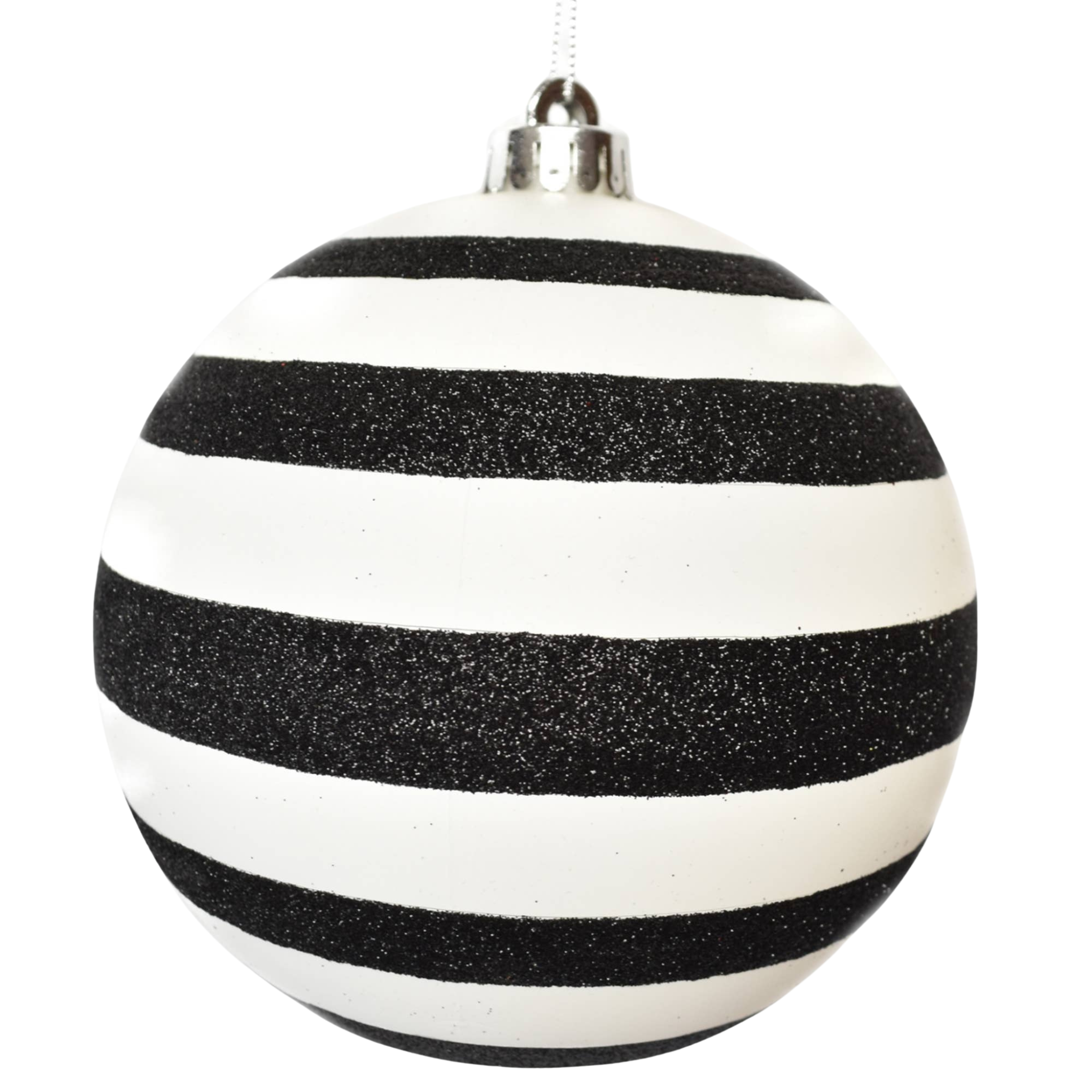 Matte Black Ball Ornament With White Glitter Stripes | 8"