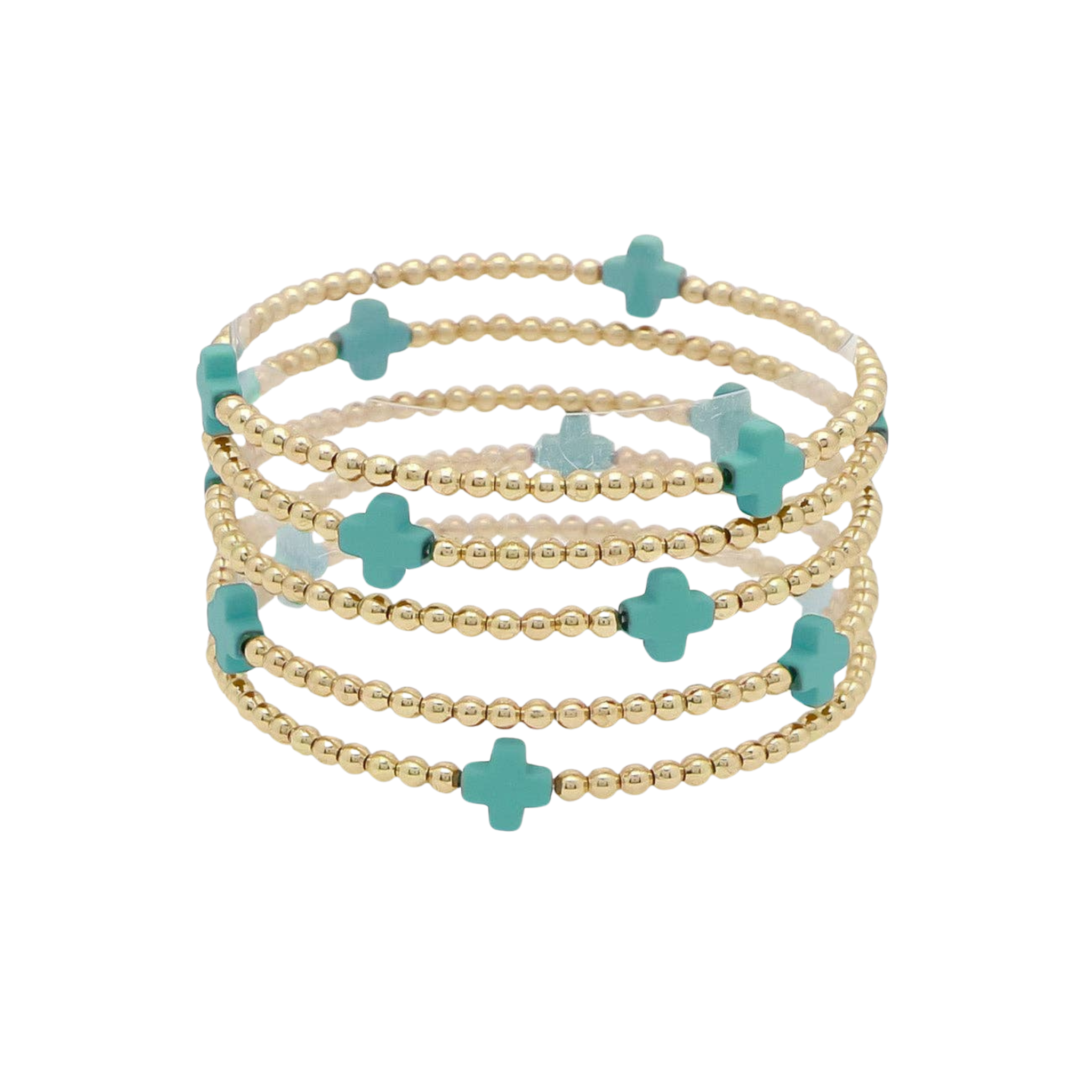 Gold Beaded With Turquoise Cross Stretch Bracelets | Set Of 5