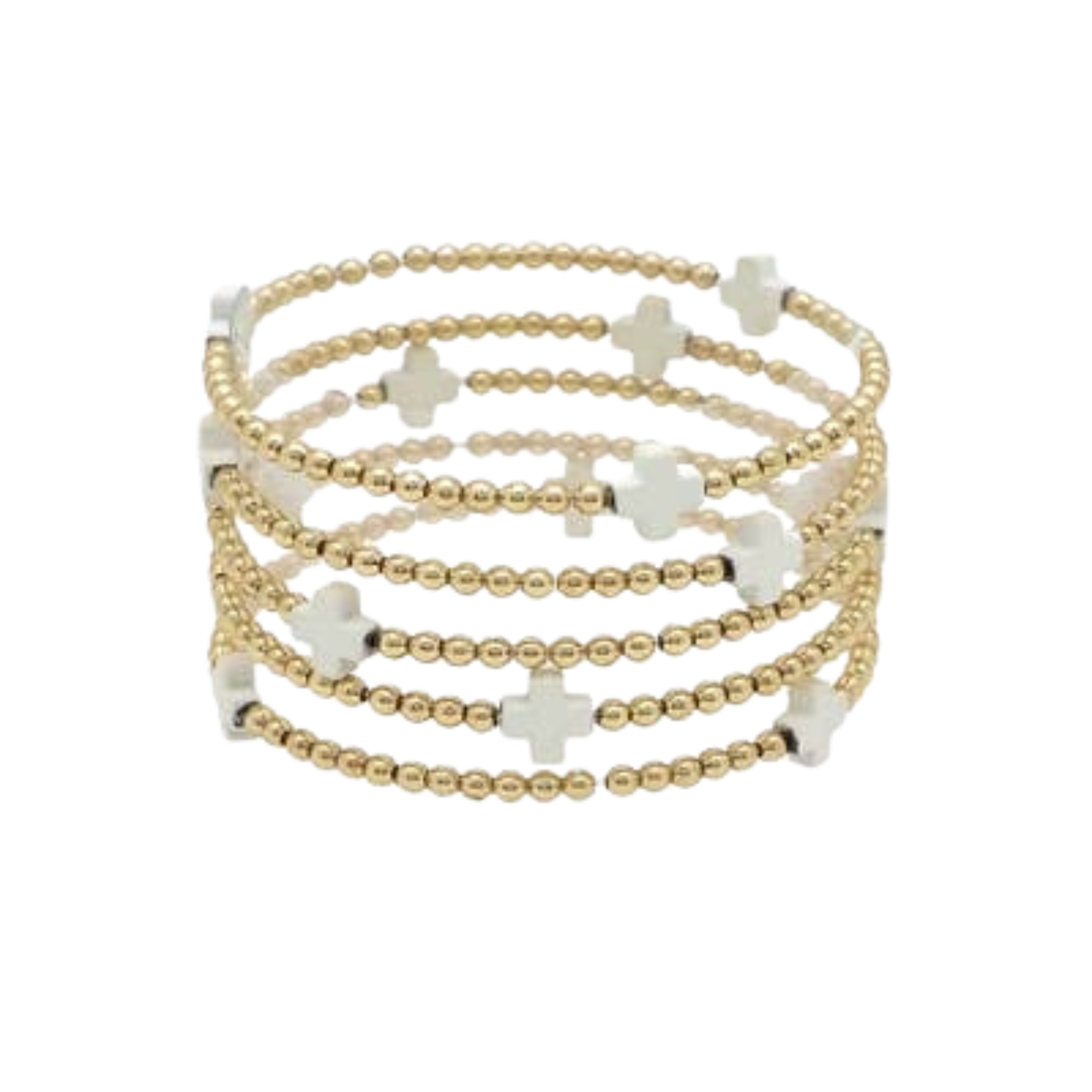 Gold Beaded With White Cross Stretch Bracelets | Set Of 5