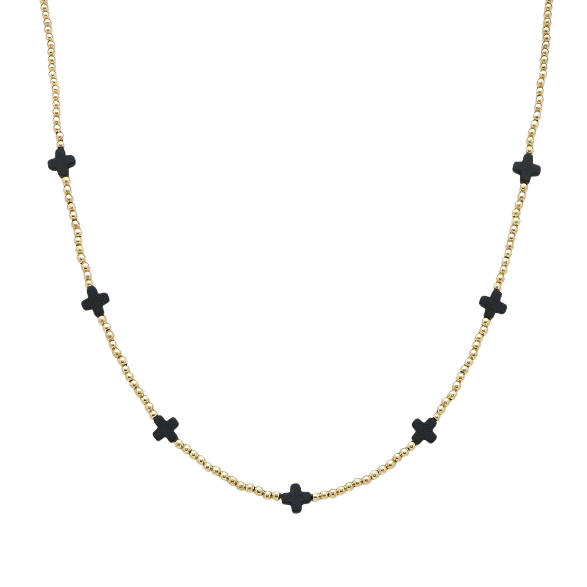 Gold Beaded With Black Cross Necklace | 16-18"