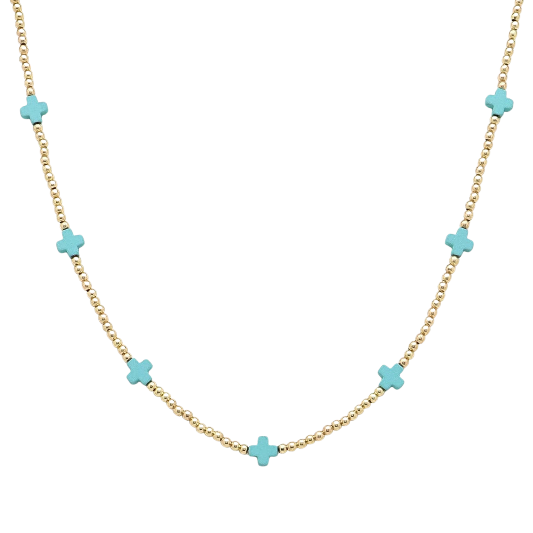 Gold Beaded With Turquoise Cross Necklace | 16-18"