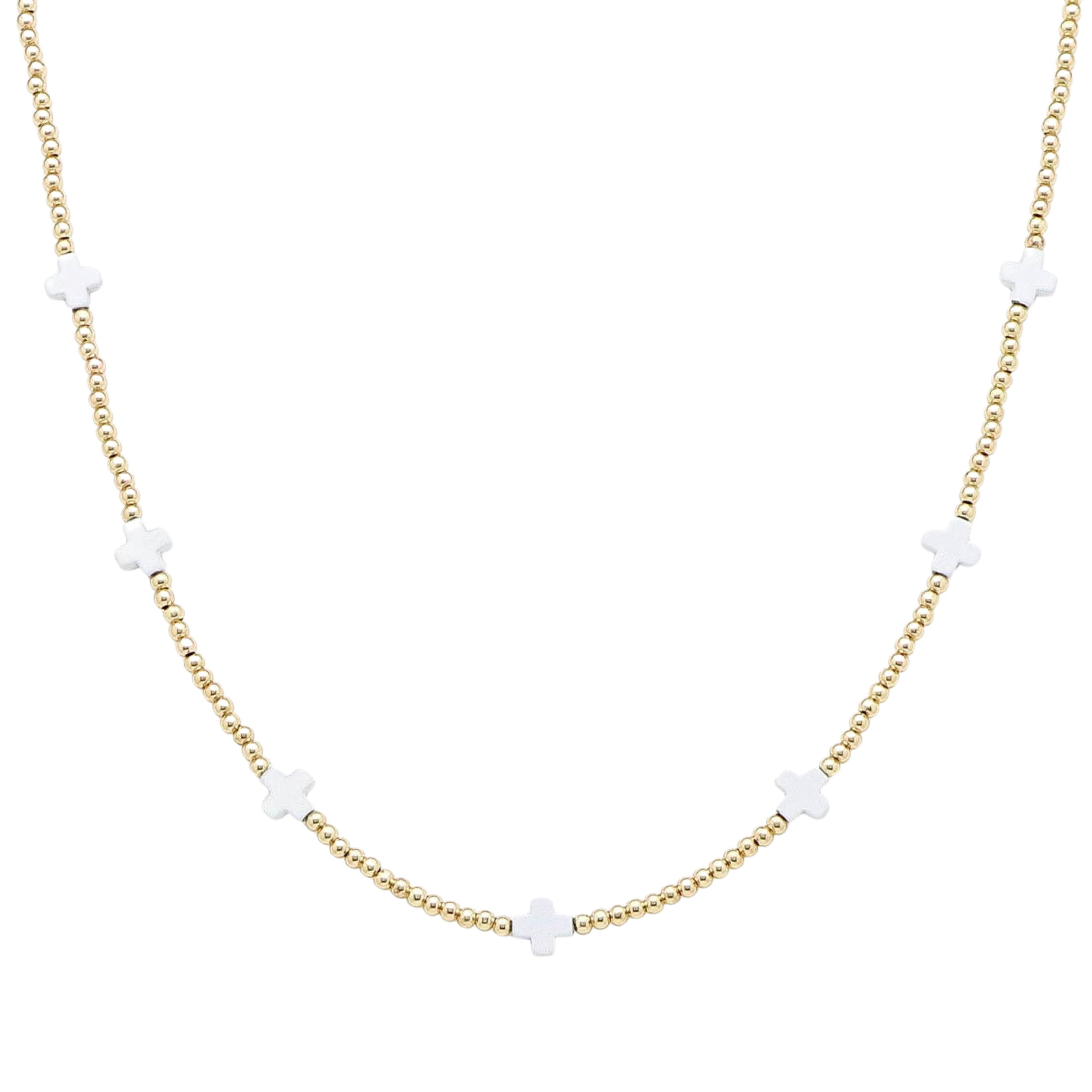 Gold Beaded With White Cross Necklace | 16-18"