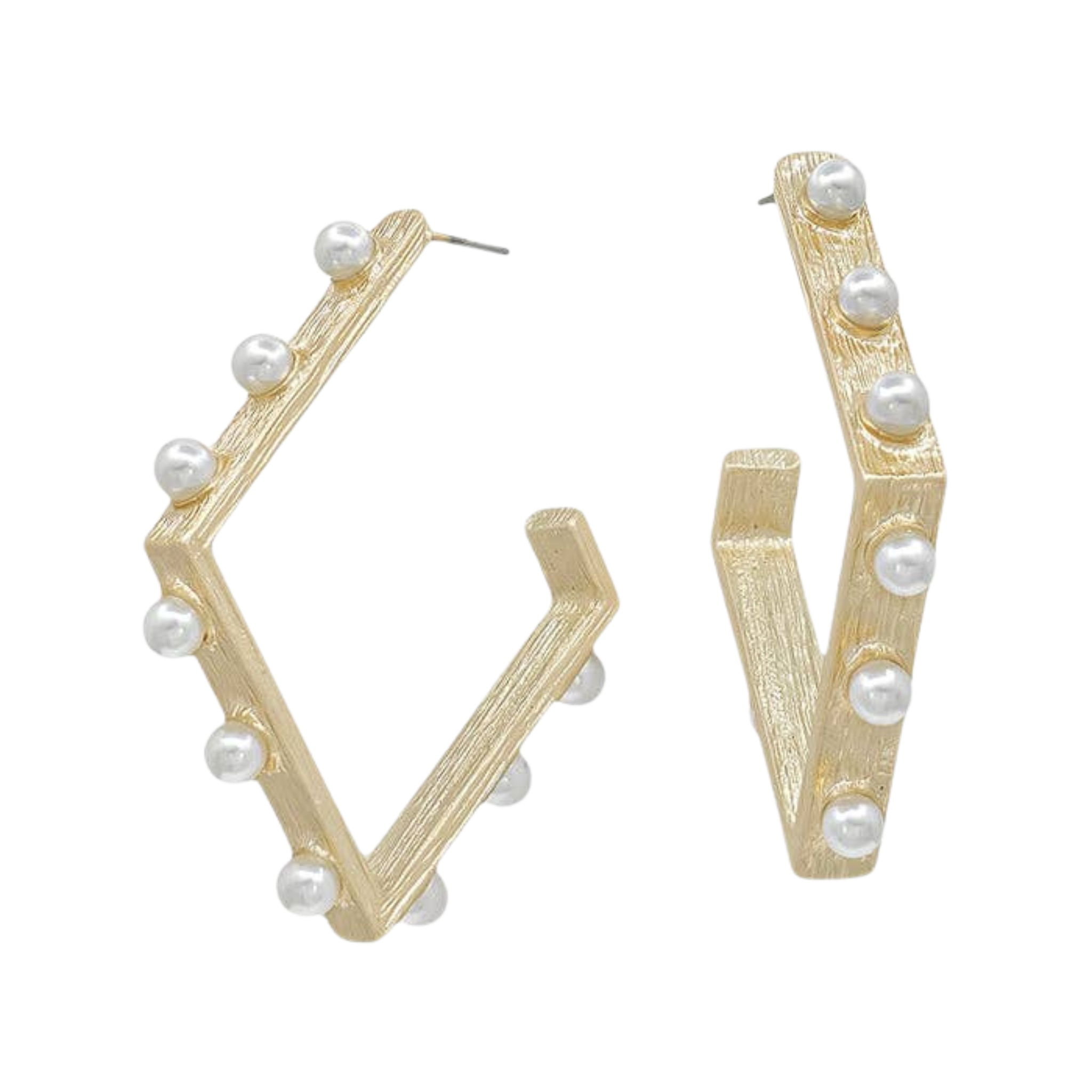 Gold Diamond Shape With Pearl Studs Hoop Earrings