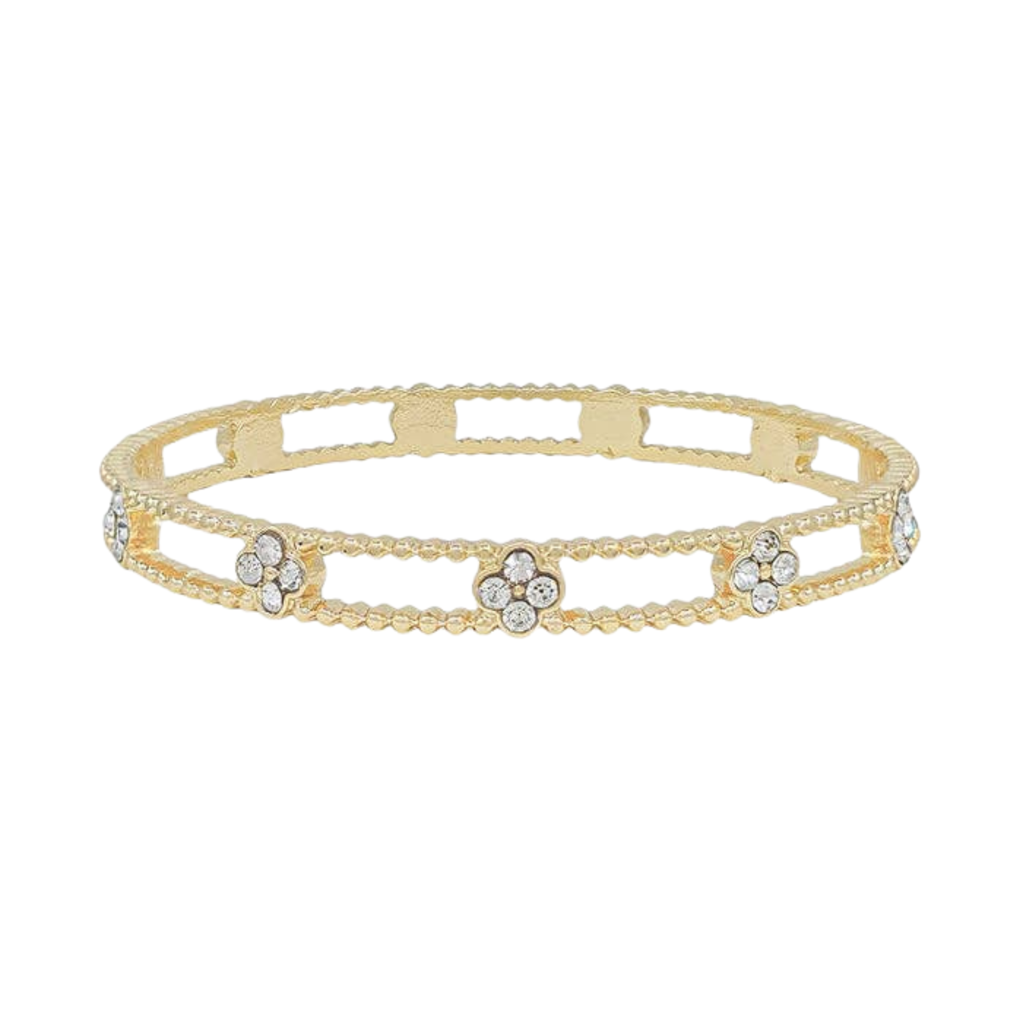 Gold Textured Bangle With Rhinestone Clover Accents