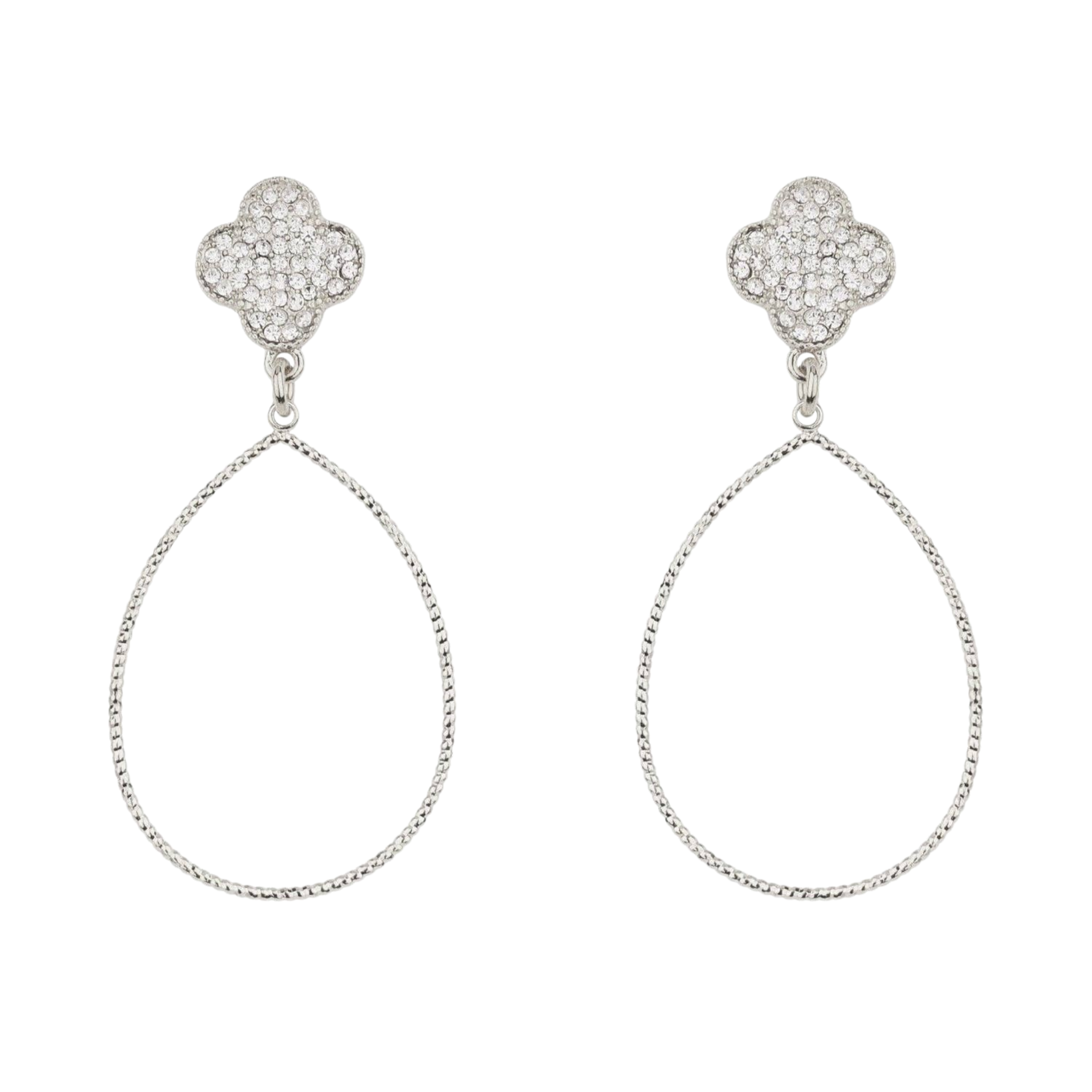 Silver Pave Clover Teardrop Earrings