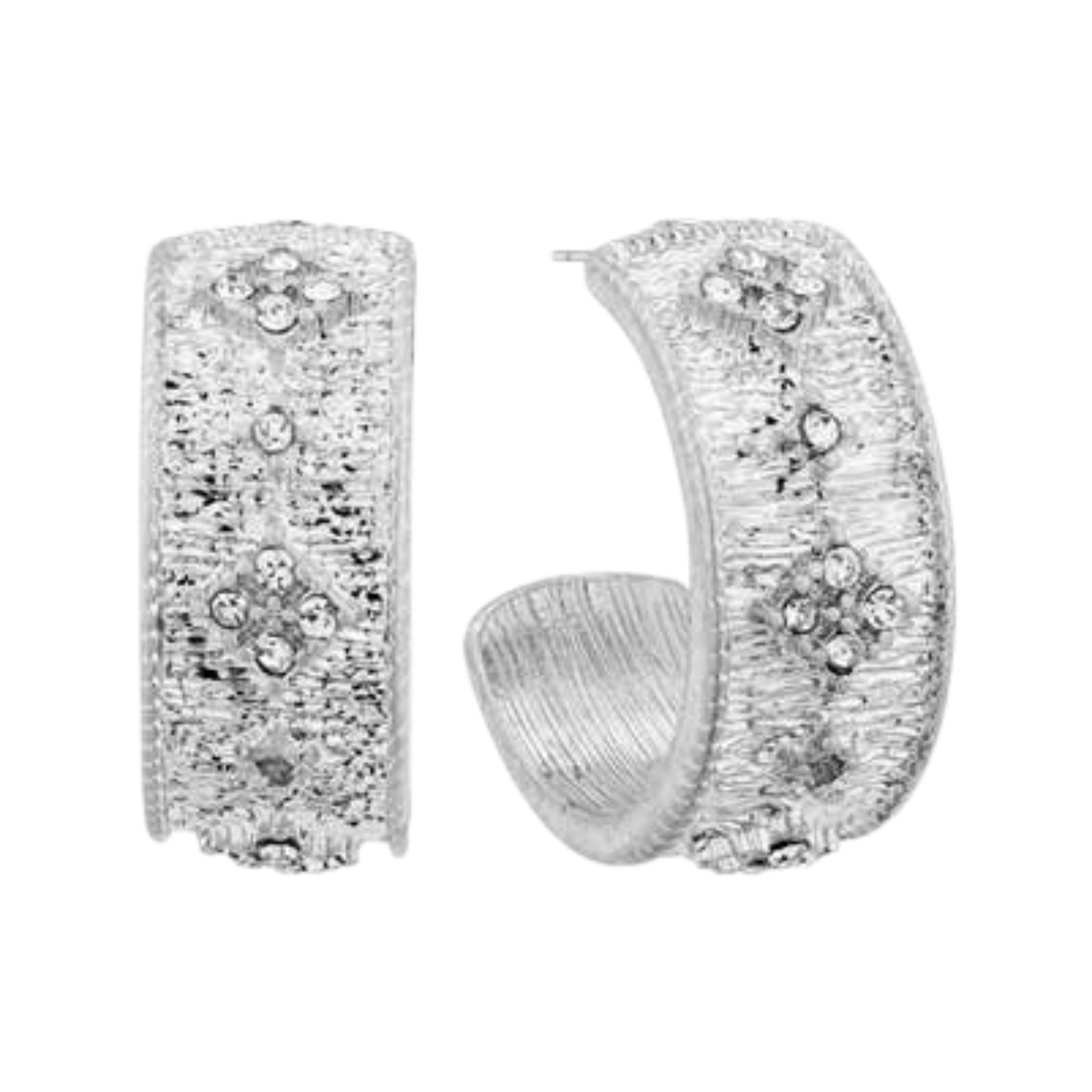 Silver Rhinestone Textured Hoops