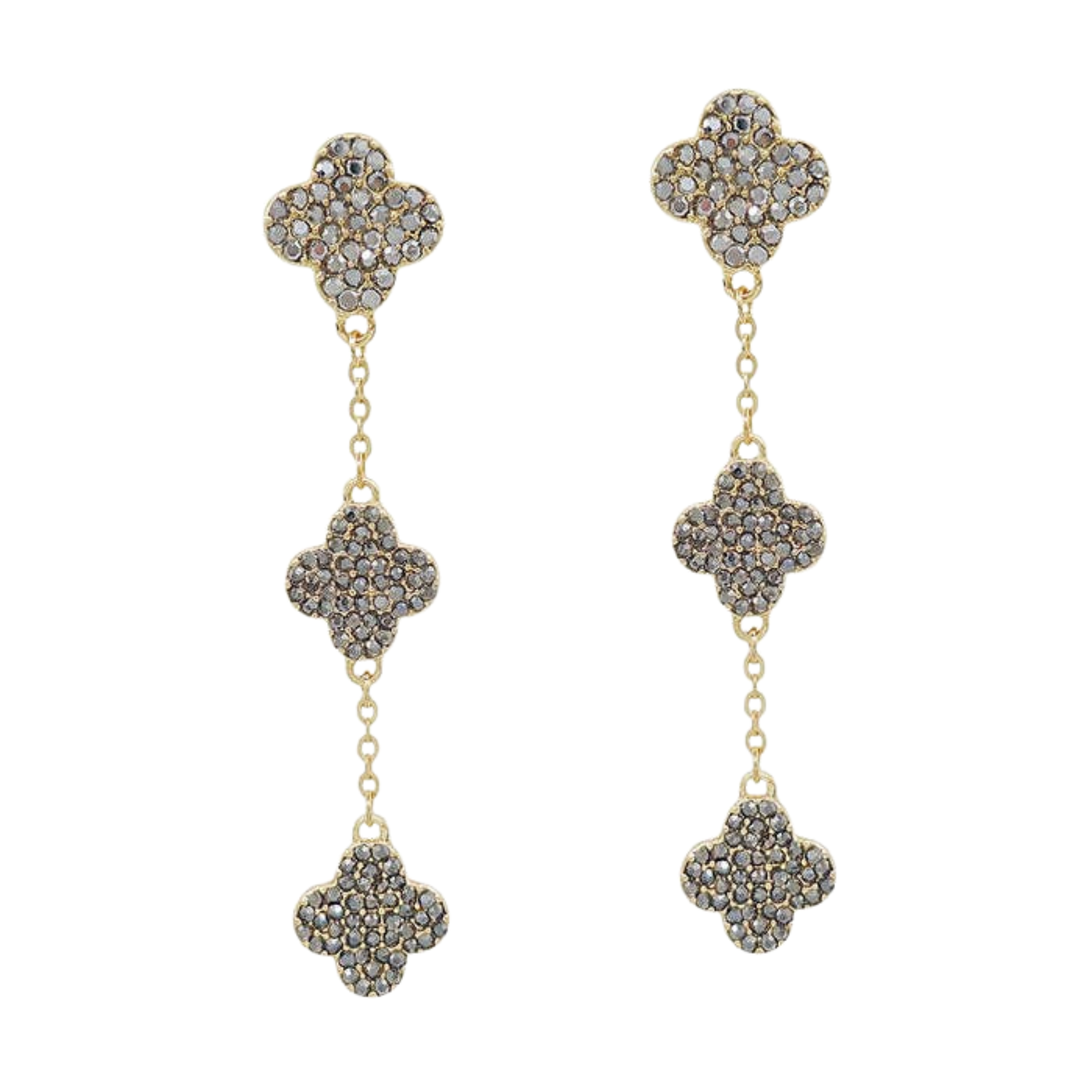 Triple Drop Black Diamond Rhinestone Clover Earrings