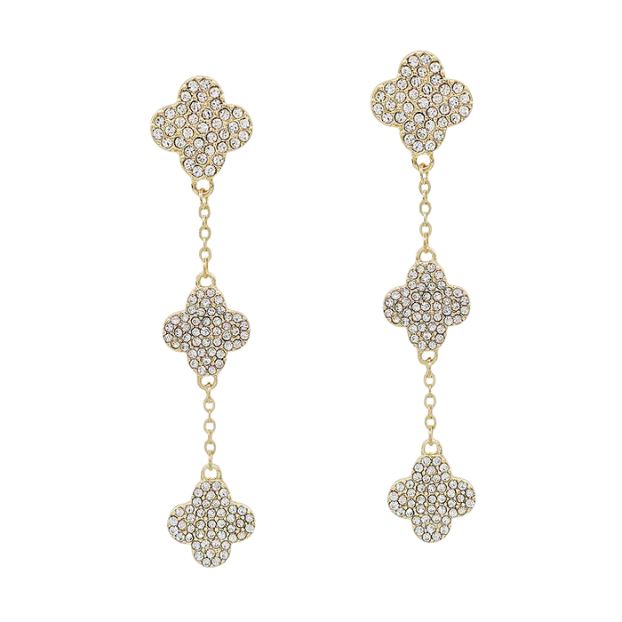 Triple Drop Gold Rhinestone Clover Earrings