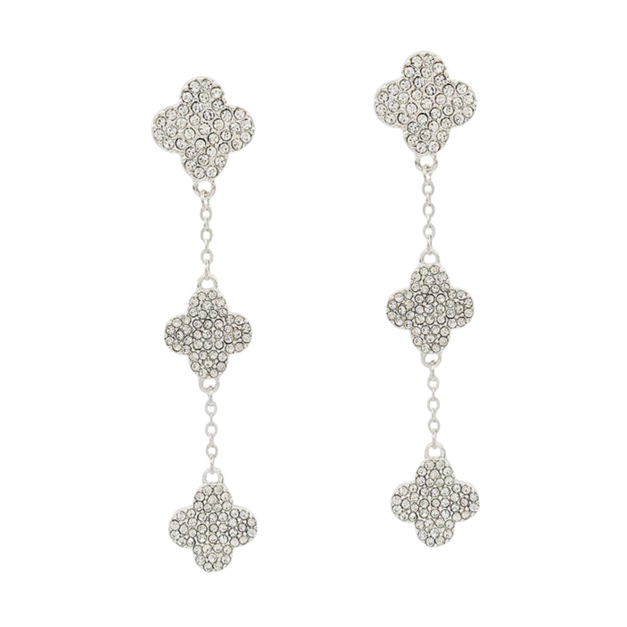 Triple Drop Silver Rhinestone Clover Earrings