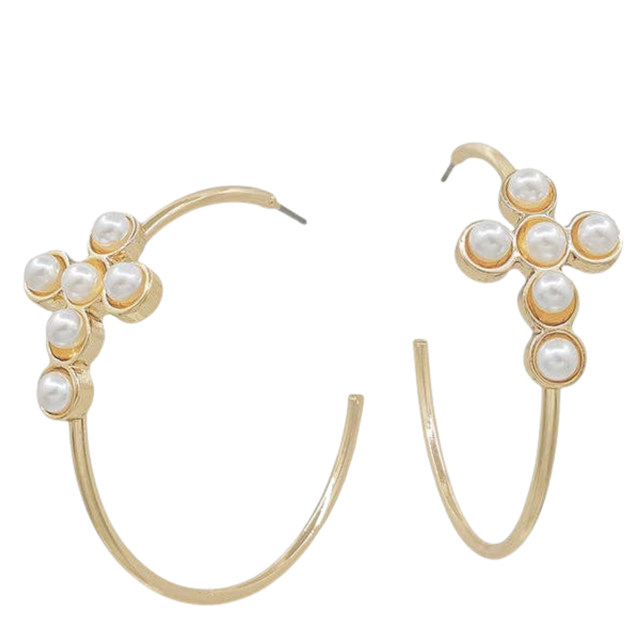 Water Resistant Gold Hoops With Pearl Beaded Cross