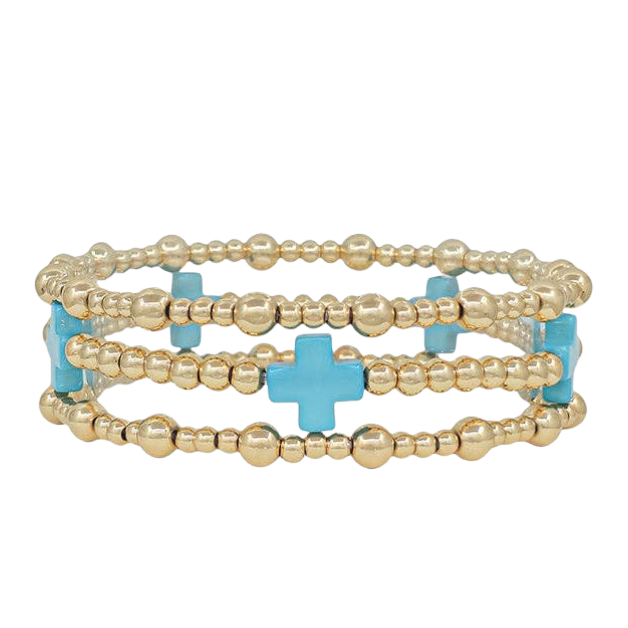 Water Resistant Gold Beaded With Turquoise Cross Stretch Bracelets | Set Of 3