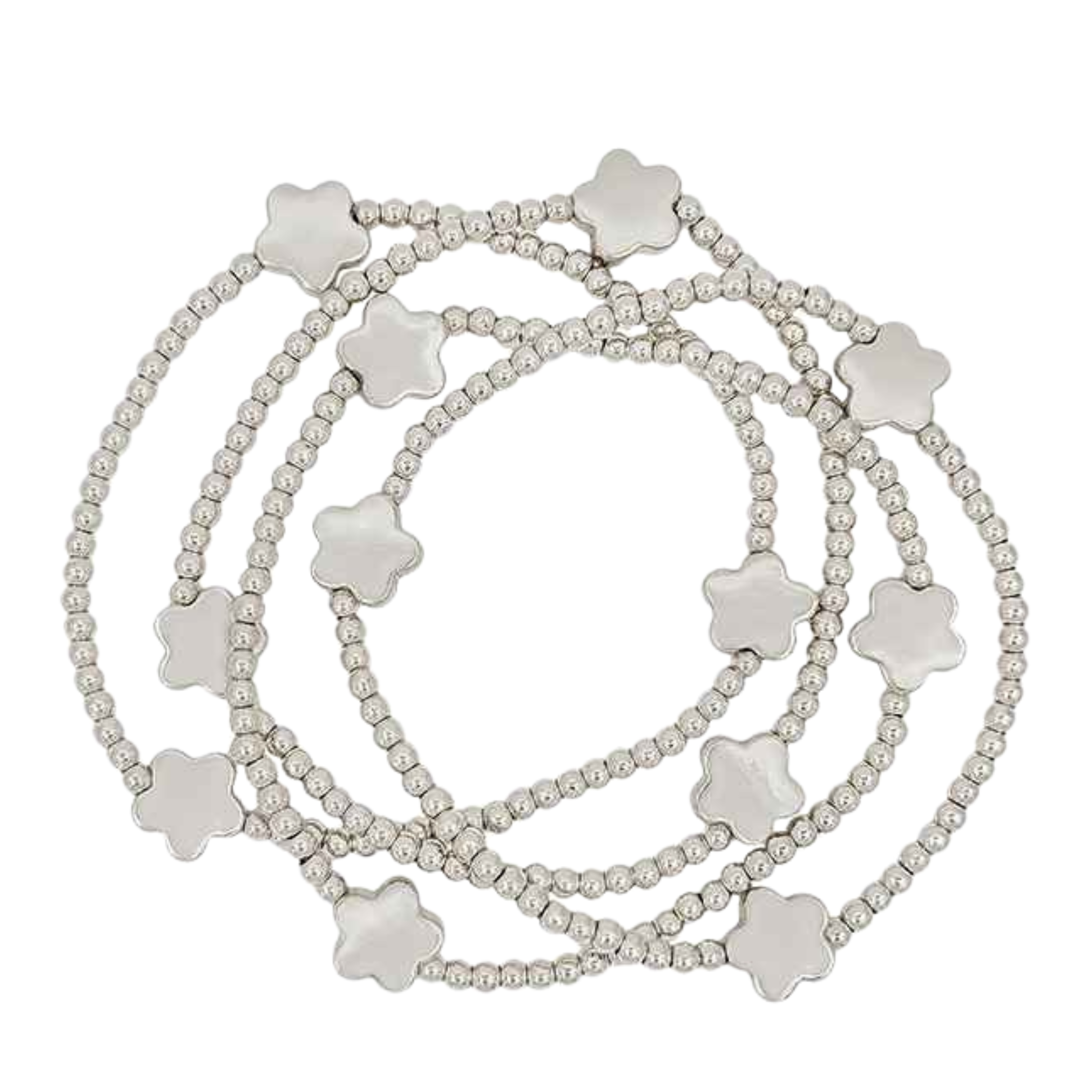 Water Resistant Silver Beaded With Flower Accent Stretch Bracelet | Set of 4