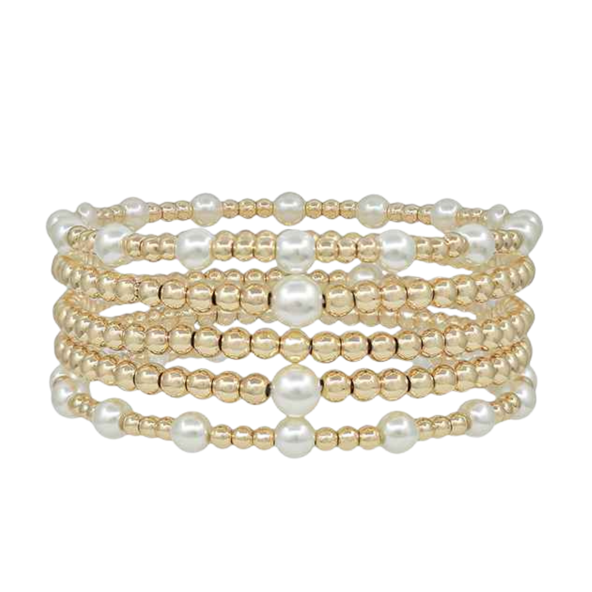 Water Resistant Pearl & Gold Beaded Stretch Bracelets | Set of 5