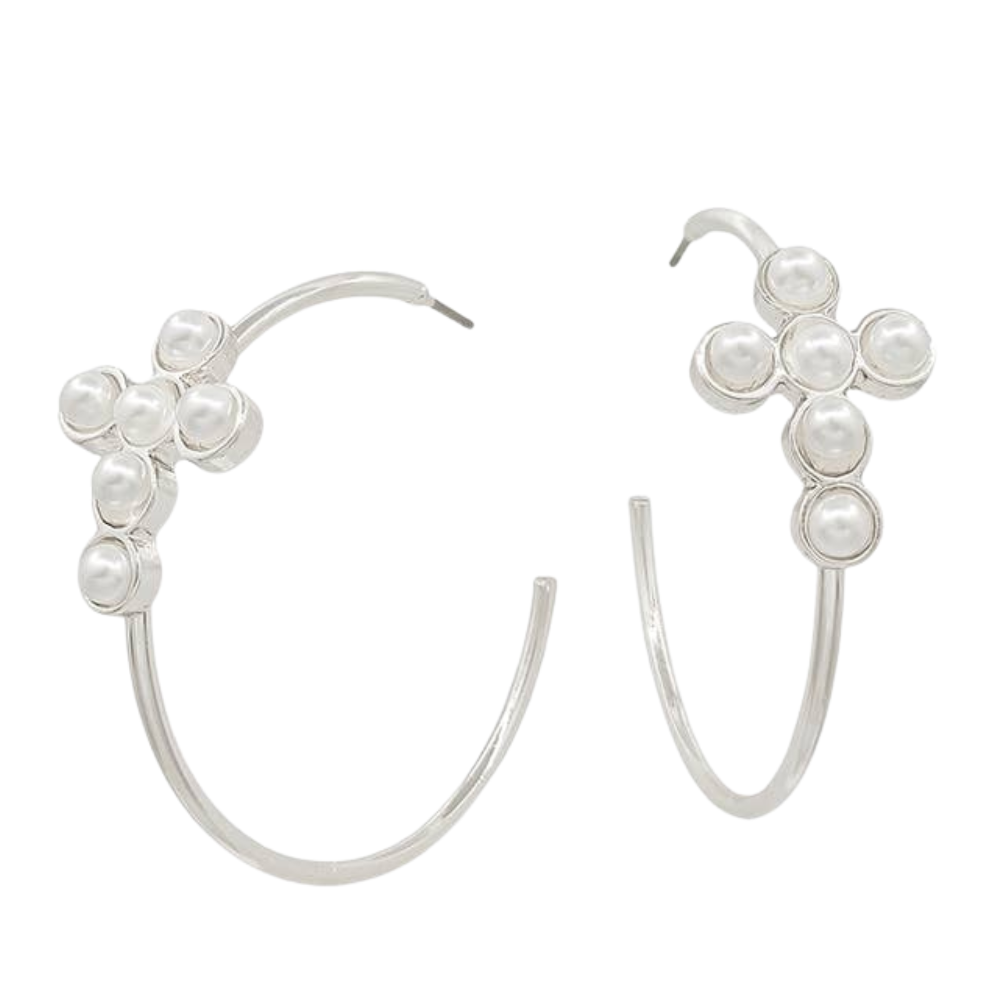 Water Resistant Silver Hoops With Pearl Beaded Cross