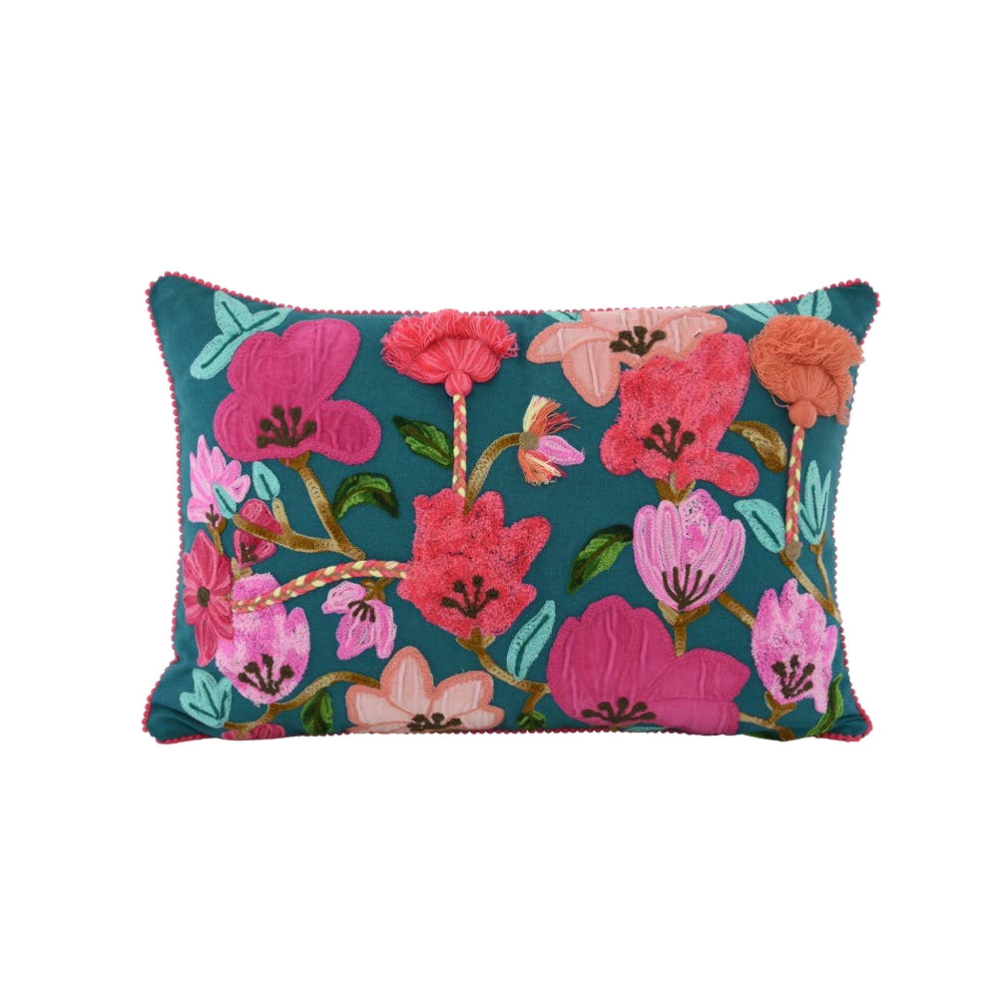 Teal with Pink Poppies Pillow | 16" x 24"