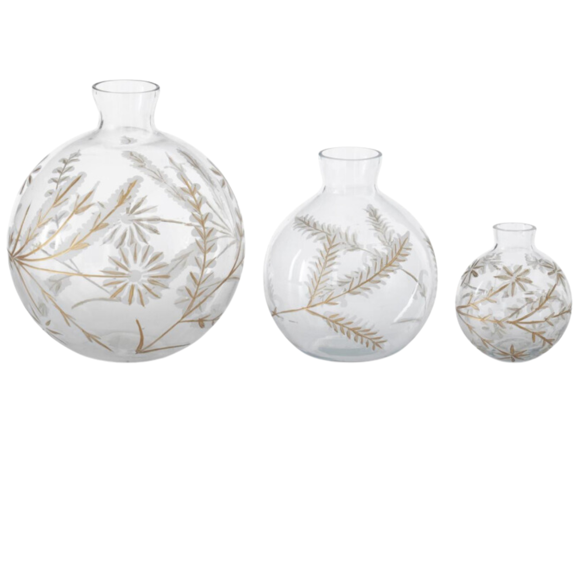 Round Etched White & Gold Painted Floral Glass Vase (3 size options)