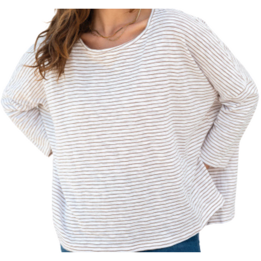 Catalina Slub Tee - White & Taupe Stripe