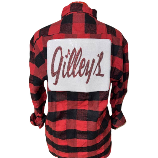 Sequin Gilley's On Red/Black Buffalo Plaid Flannel