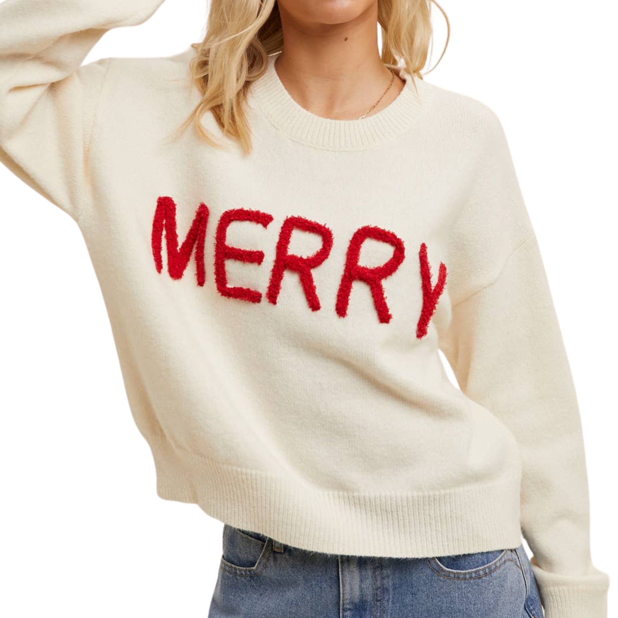 Merry Fluffy Patch Sweater| Red & White