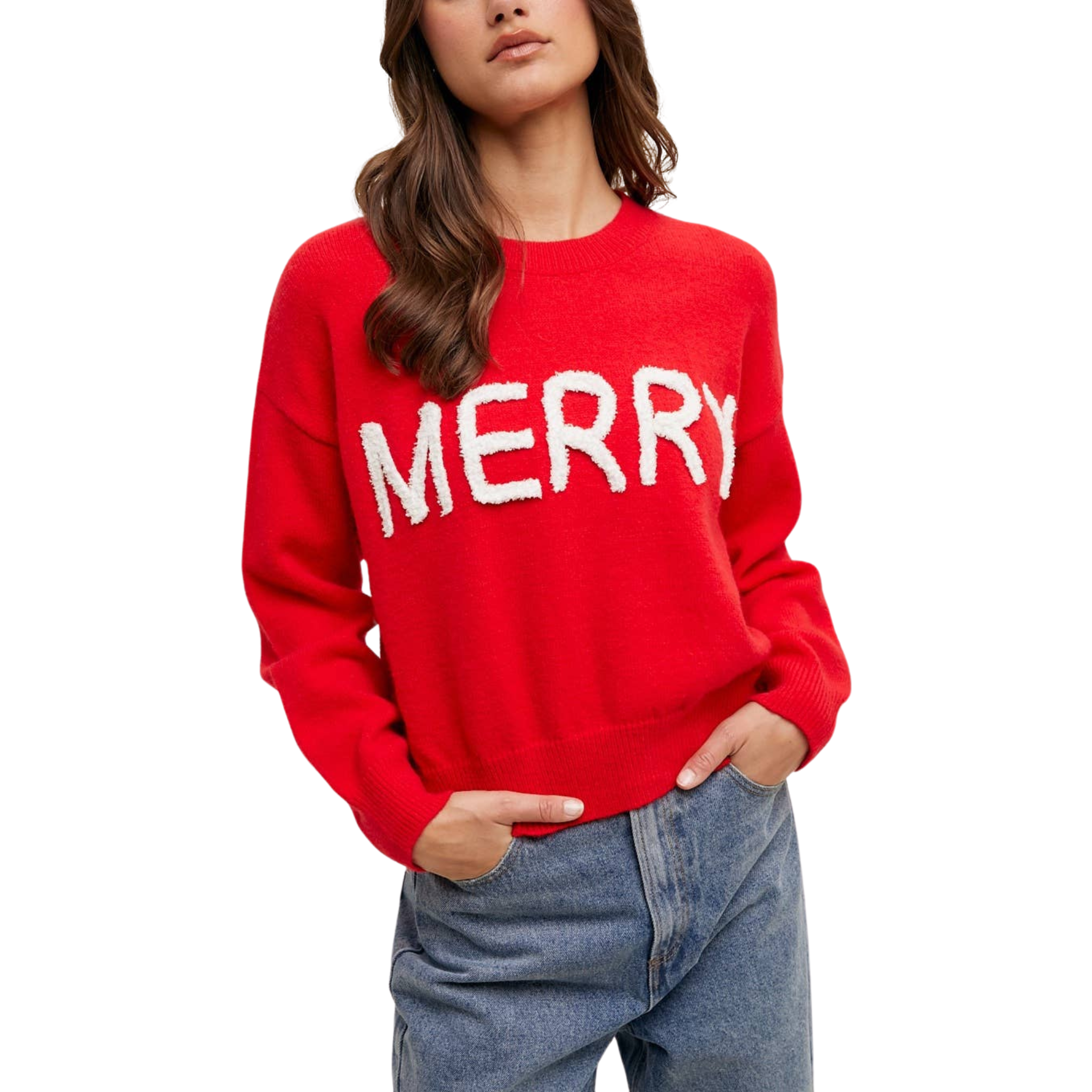 Merry Fluffy Patch Sweater | White & Red