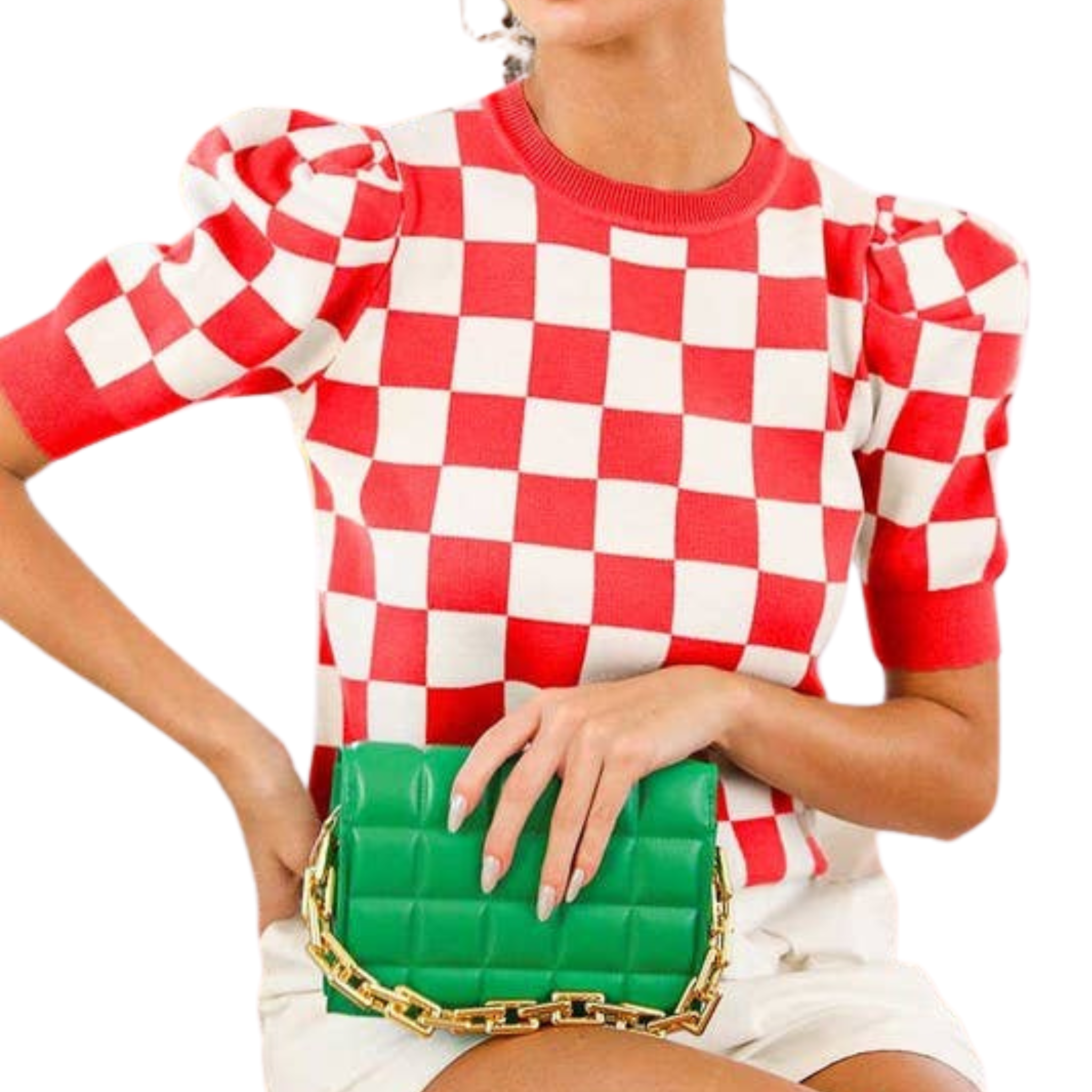 Crew Neck Short Puff Sleeve Checkerboard Sweater Top | Red