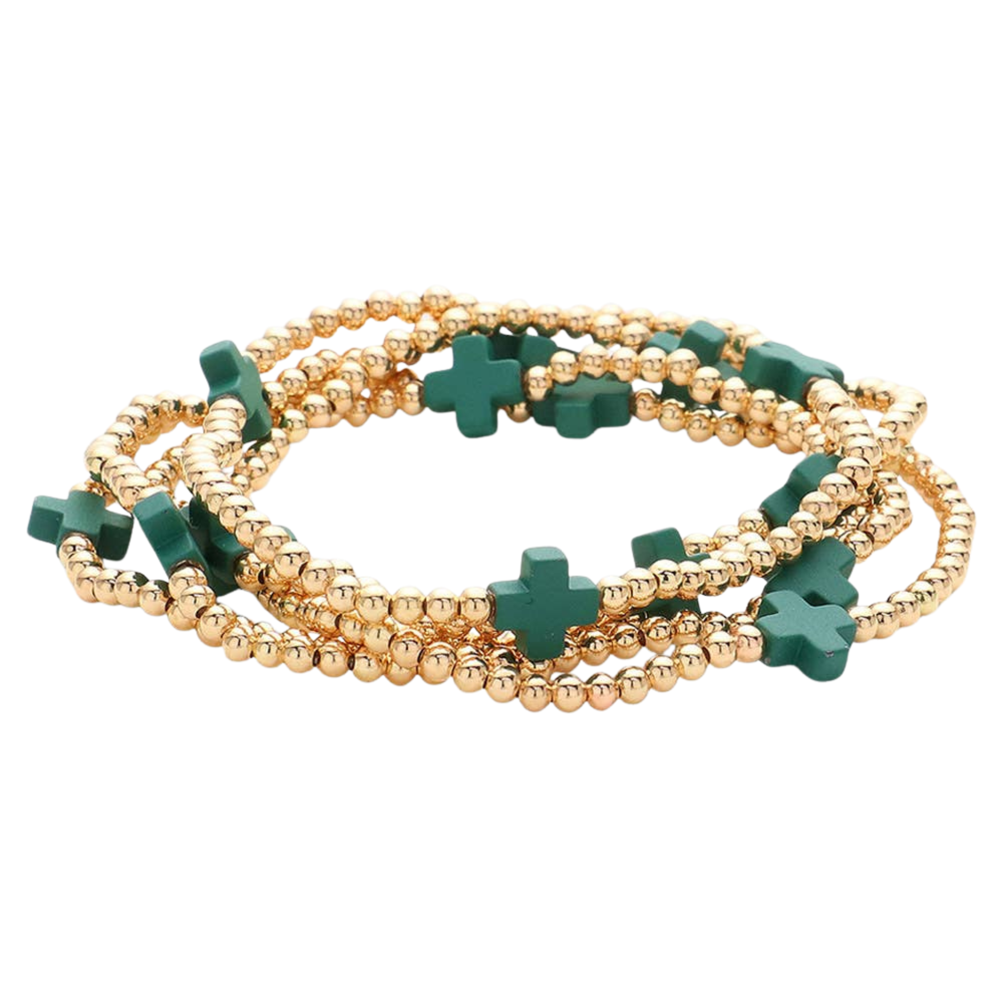 Dark Green Cross & Gold Bead Stretch Bracelets | Set of 5